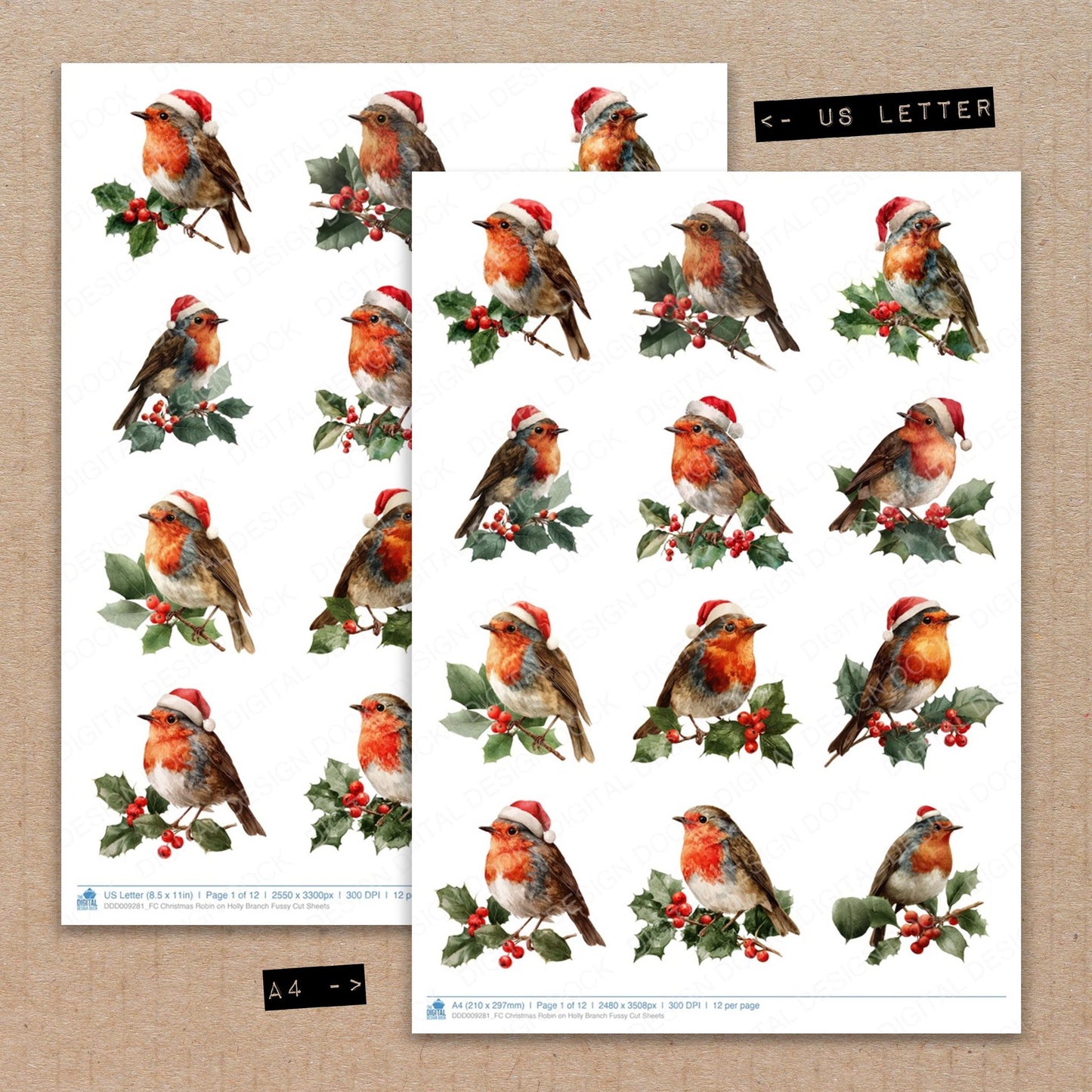 A4 and US Letter format comparison showing Christmas Robin on Holly Branch fussy cut pages for print and cut crafting