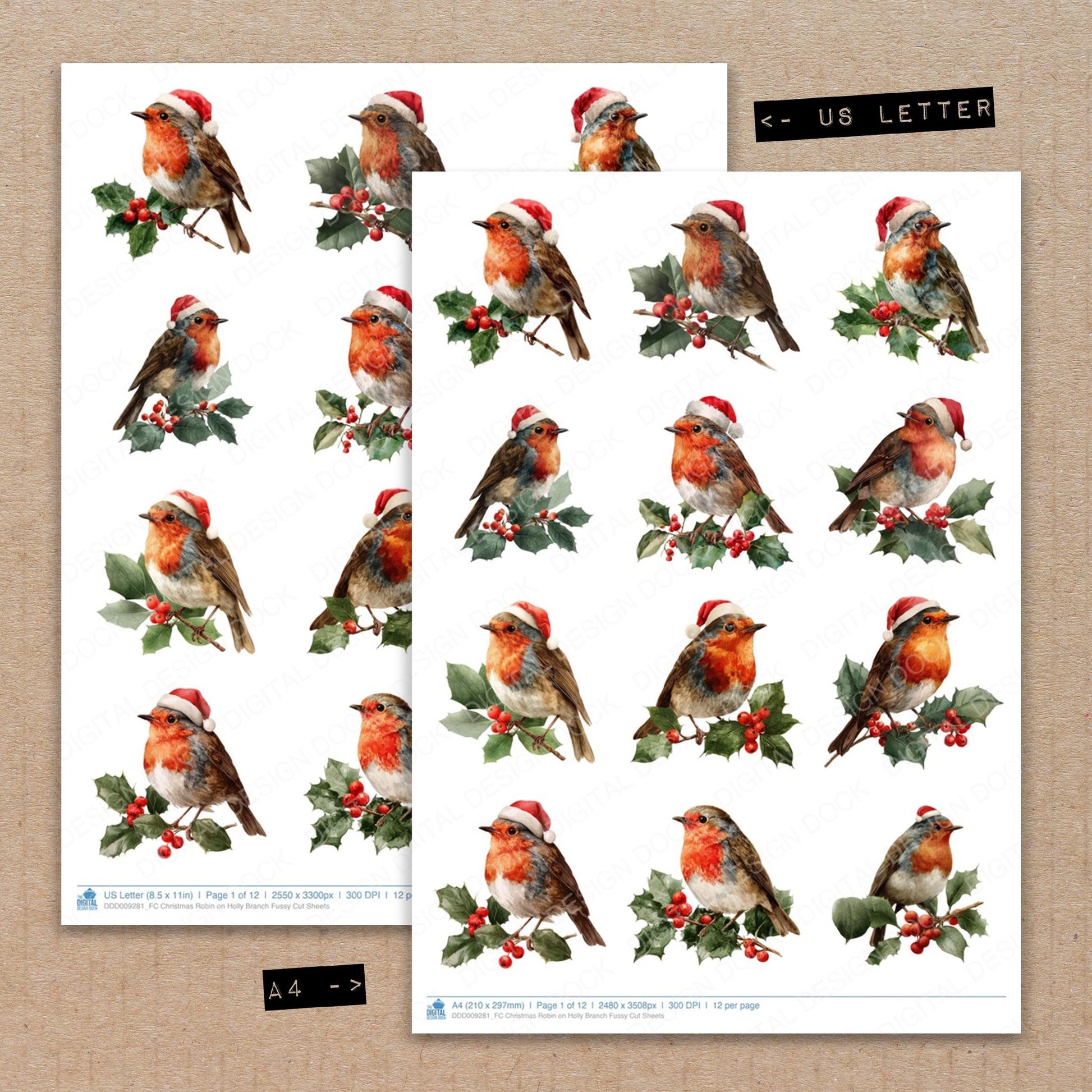 A4 and US Letter format comparison showing Christmas Robin on Holly Branch fussy cut pages for print and cut crafting