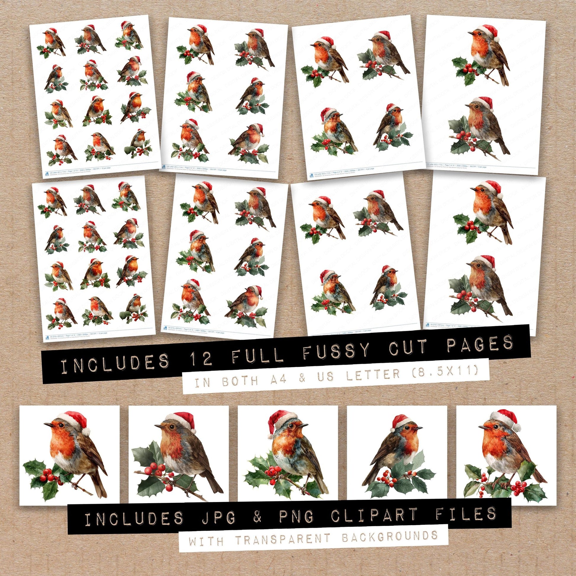 Full collection view of Christmas Robin on Holly Branch fussy cut sheets with bonus clipart JPG and PNG files