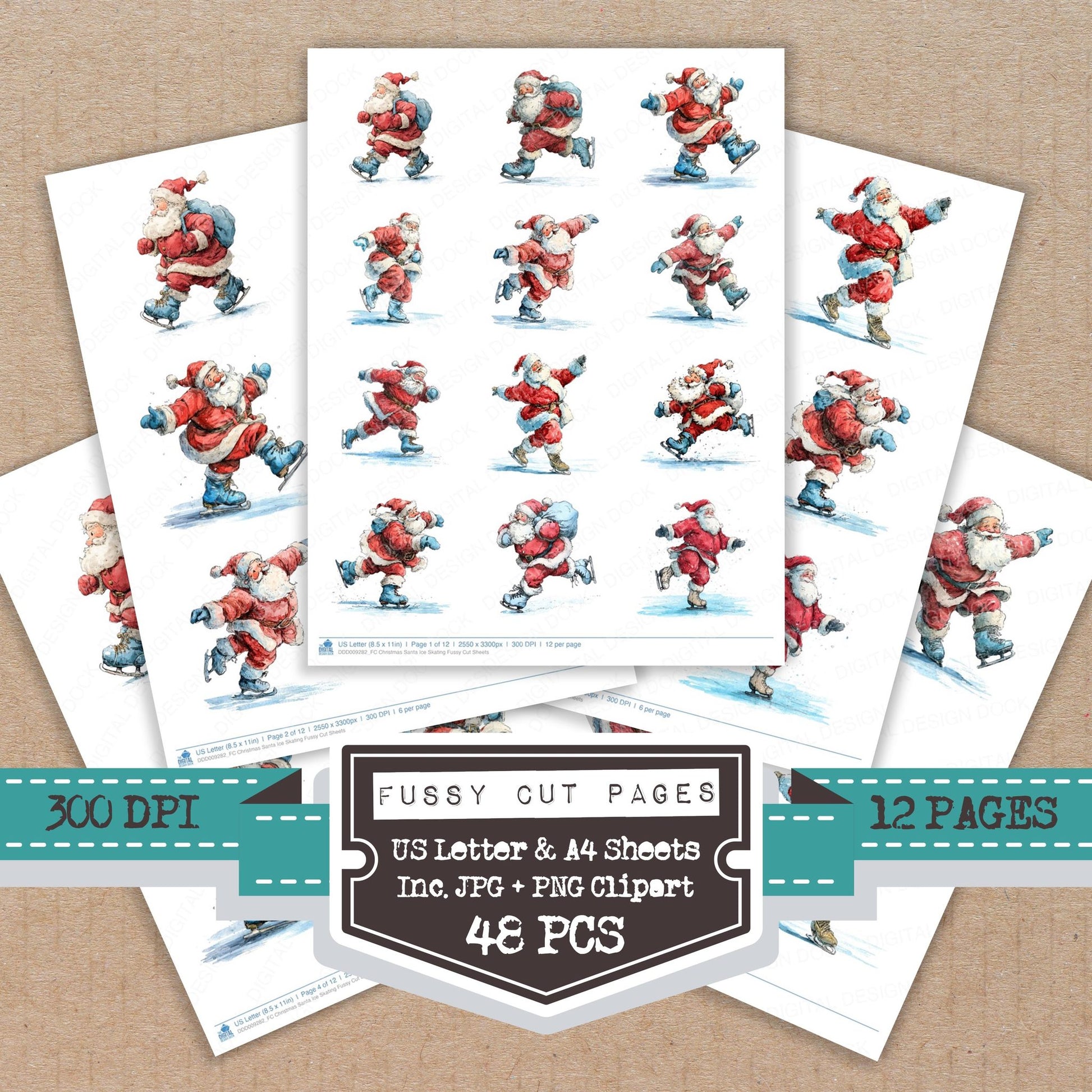 Christmas Santa Ice Skating fussy cut printable sheets for junk journaling, scrapbooking, and paper craft projects