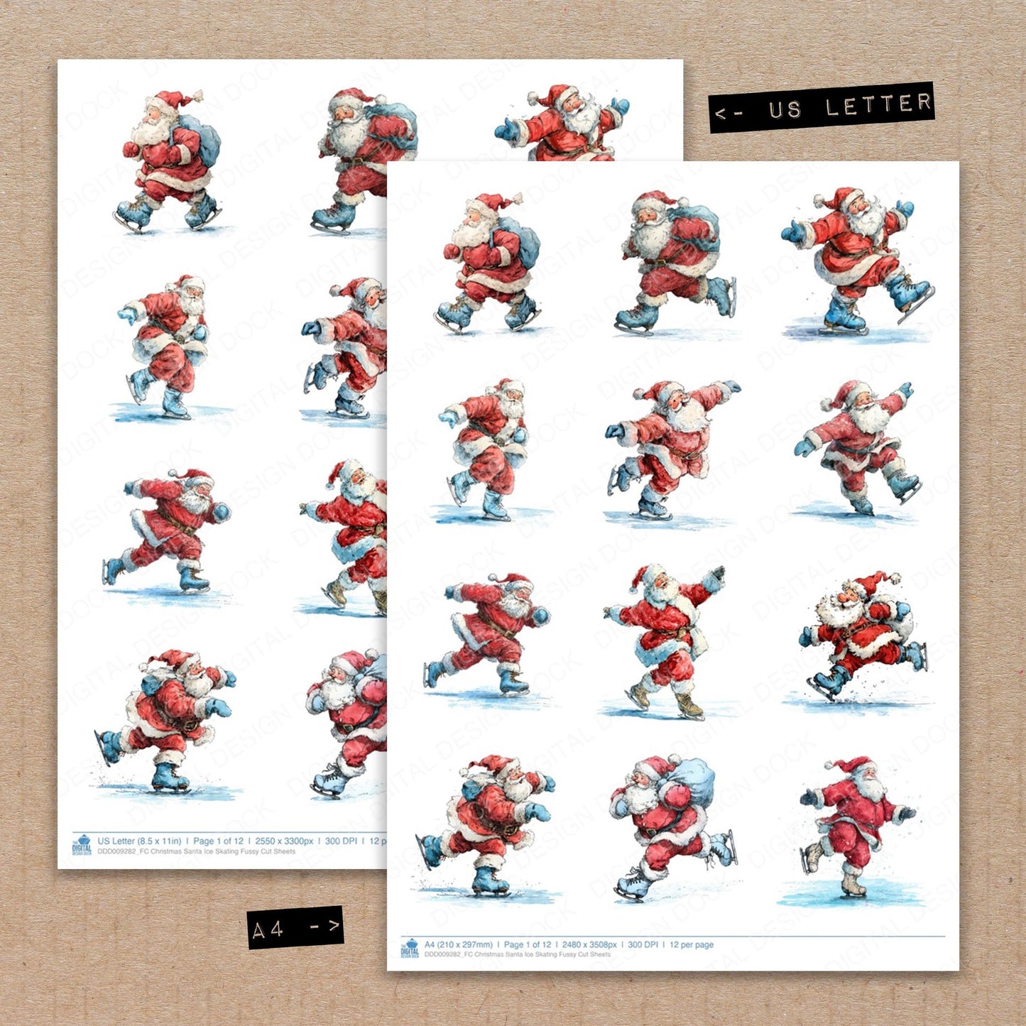 A4 and US Letter format comparison showing Christmas Santa Ice Skating fussy cut pages for print and cut crafting