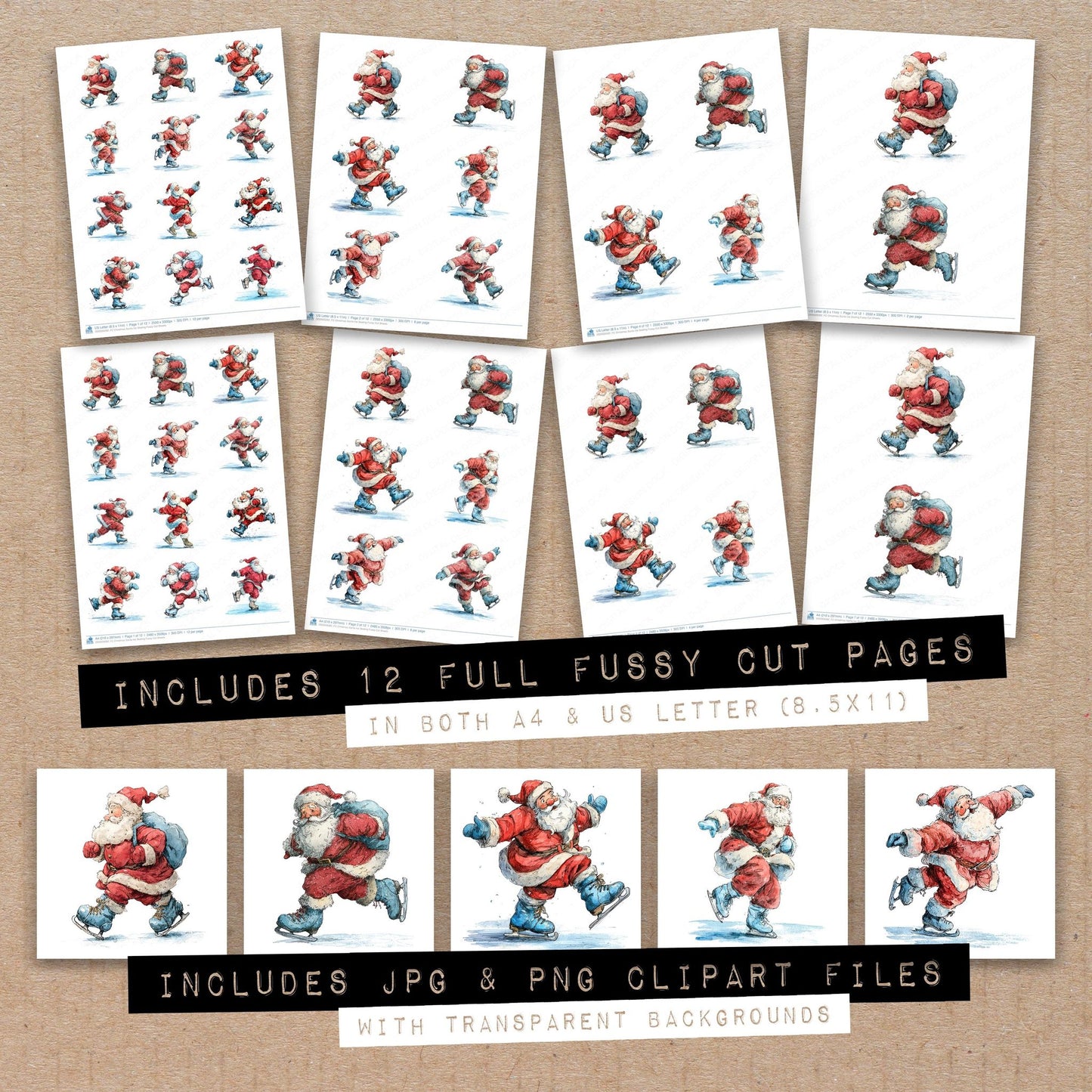 Full collection view of Christmas Santa Ice Skating fussy cut sheets with bonus clipart JPG and PNG files