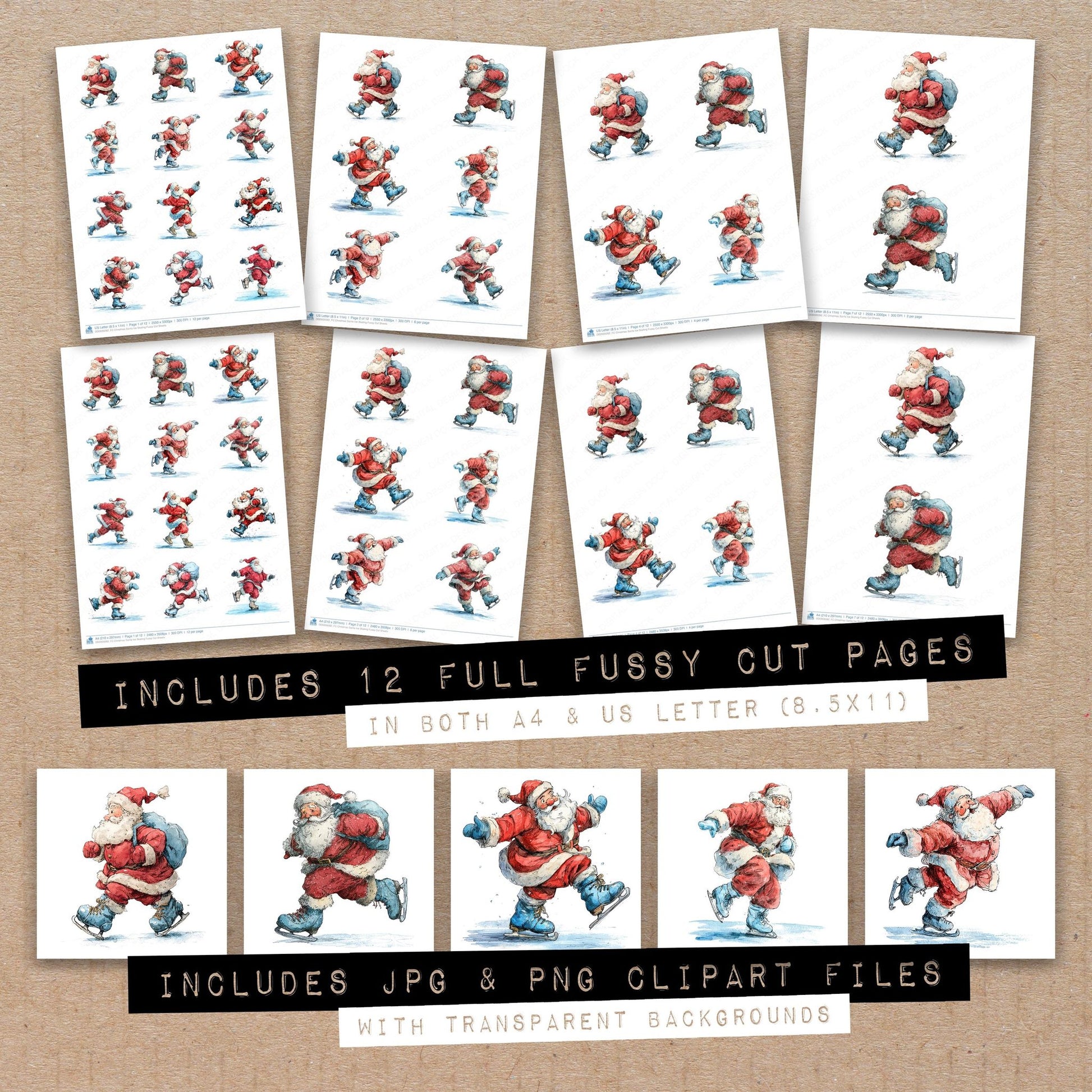 Full collection view of Christmas Santa Ice Skating fussy cut sheets with bonus clipart JPG and PNG files