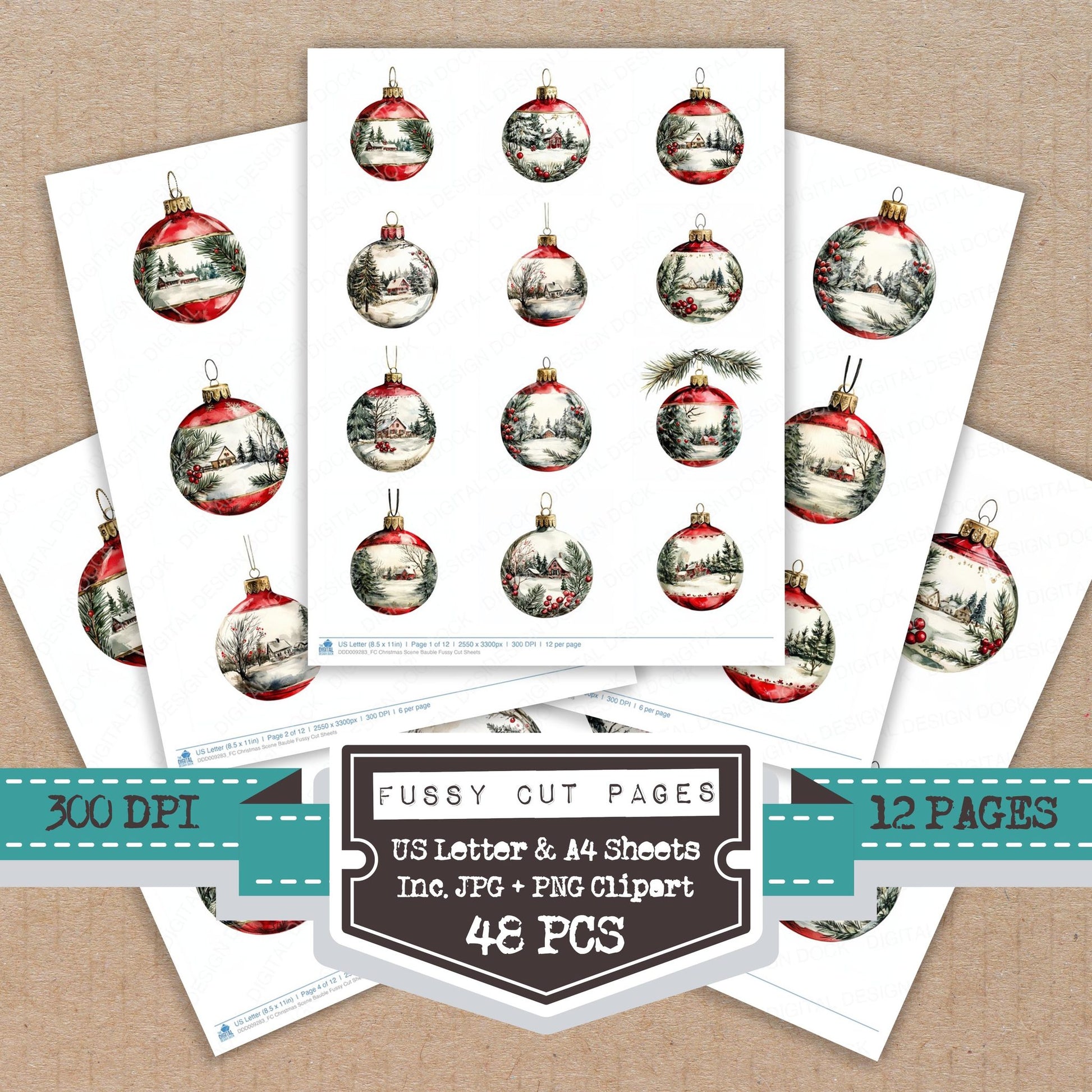Christmas Scene Bauble fussy cut printable sheets for junk journaling, scrapbooking, and paper craft projects