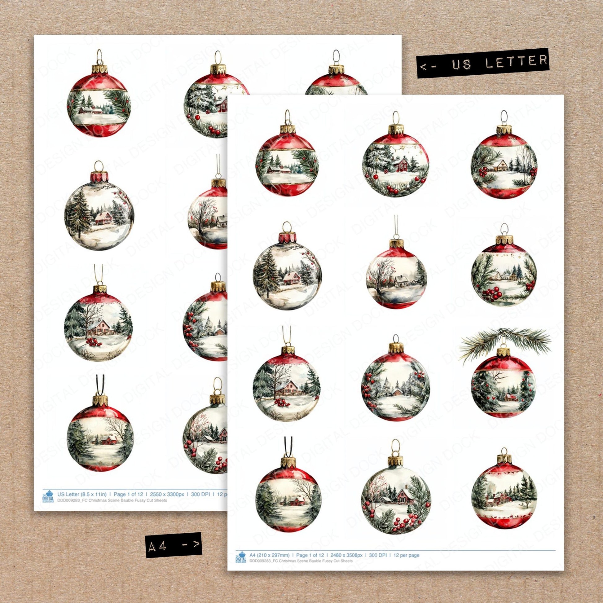 A4 and US Letter format comparison showing Christmas Scene Bauble fussy cut pages for print and cut crafting