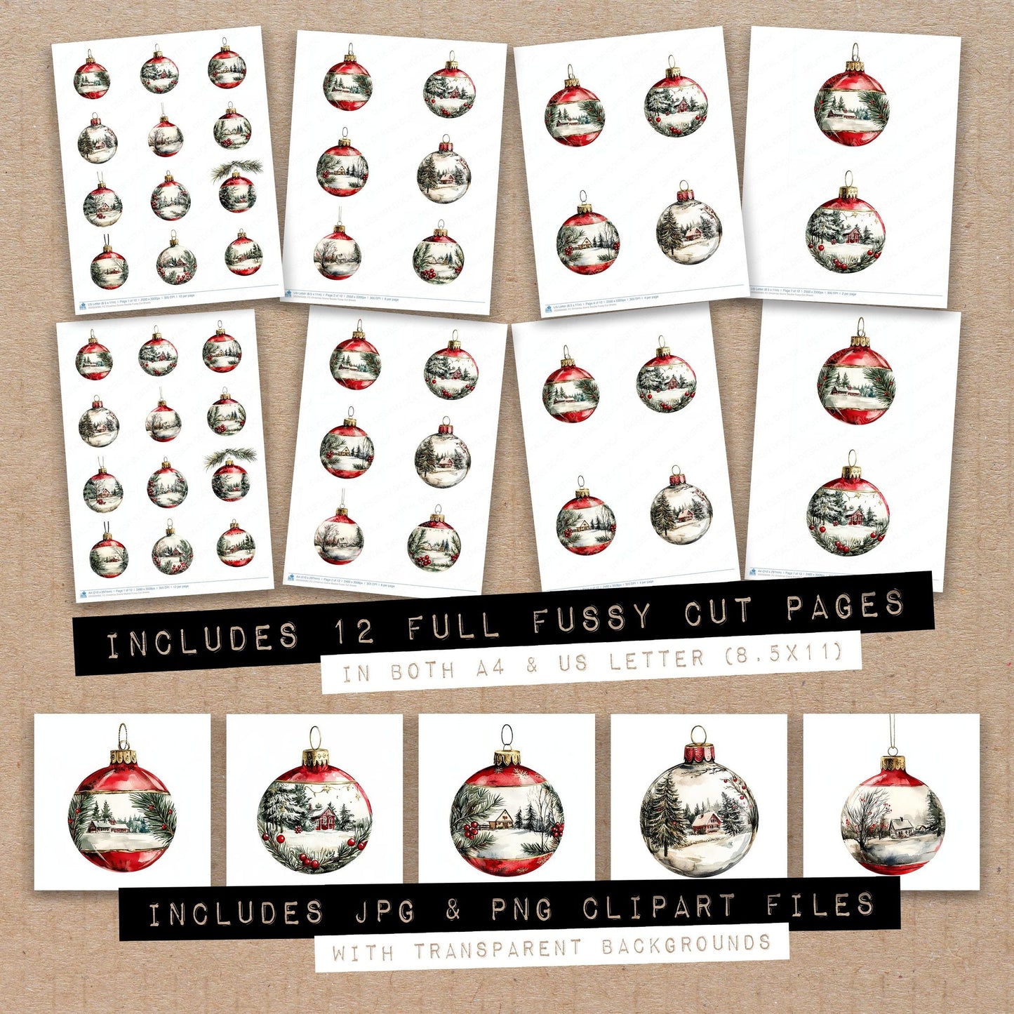 Full collection view of Christmas Scene Bauble fussy cut sheets with bonus clipart JPG and PNG files
