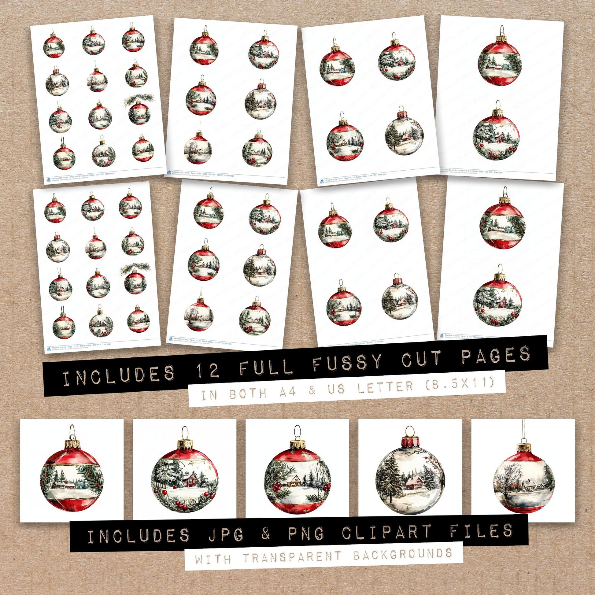 Full collection view of Christmas Scene Bauble fussy cut sheets with bonus clipart JPG and PNG files