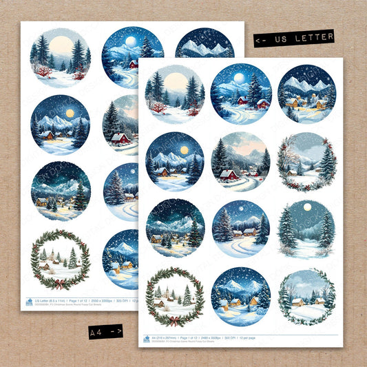 A4 and US Letter format comparison showing Christmas Scene Round fussy cut pages for print and cut crafting