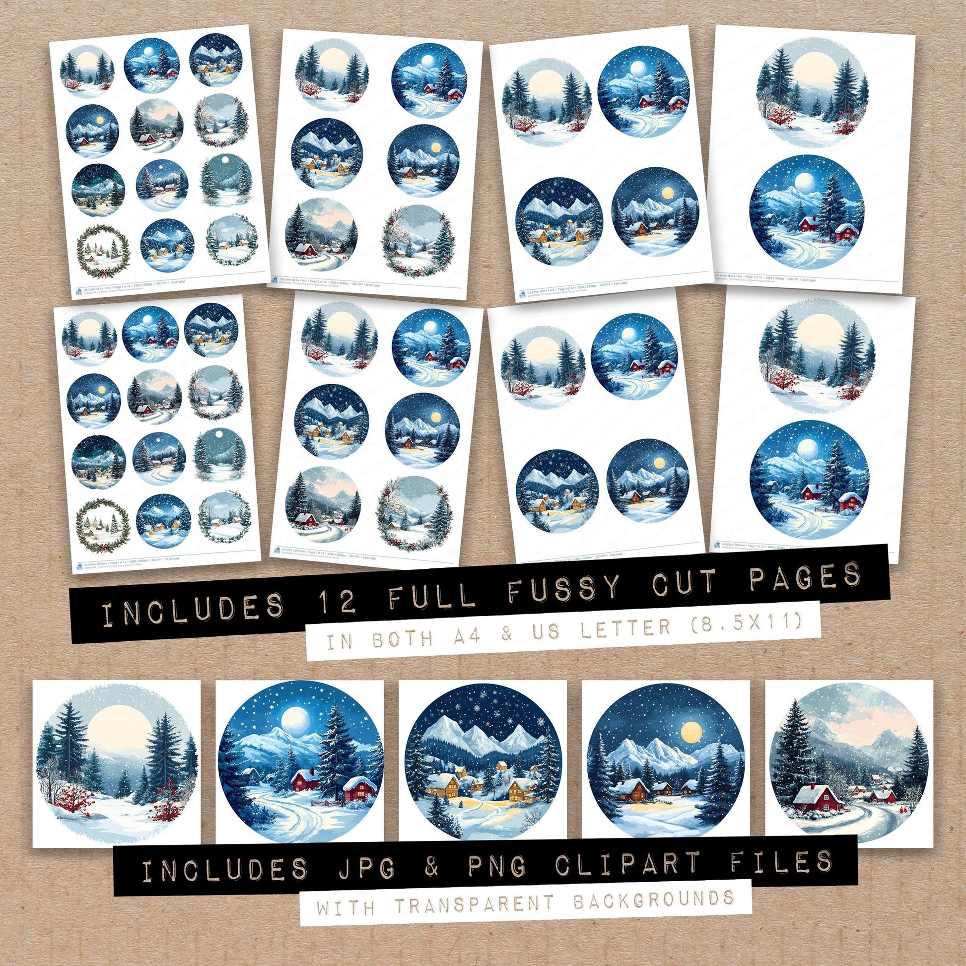 Full collection view of Christmas Scene Round fussy cut sheets with bonus clipart JPG and PNG files