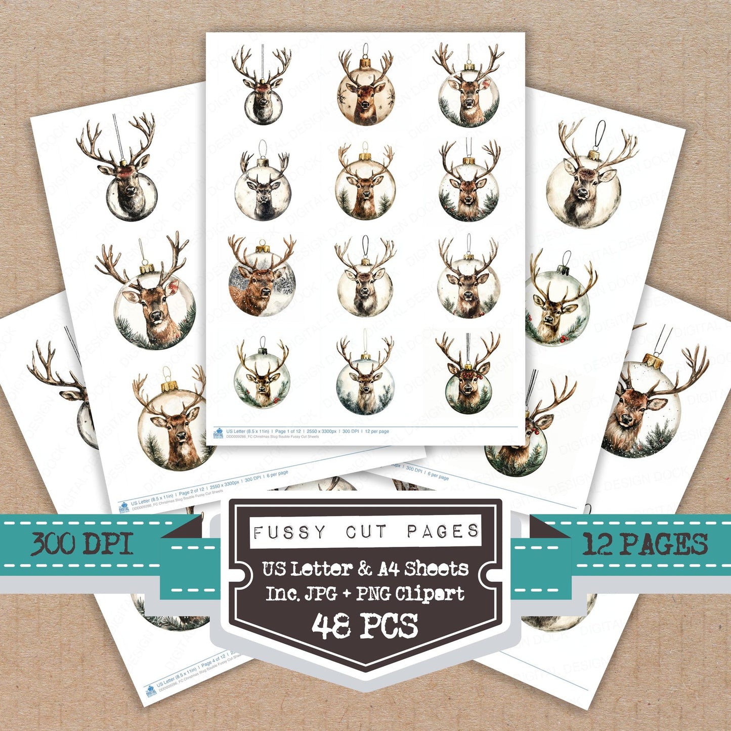 Christmas Stag Bauble fussy cut printable sheets for junk journaling, scrapbooking, and paper craft projects