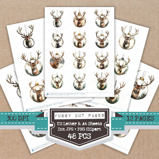 Christmas Stag Bauble fussy cut printable sheets for junk journaling, scrapbooking, and paper craft projects