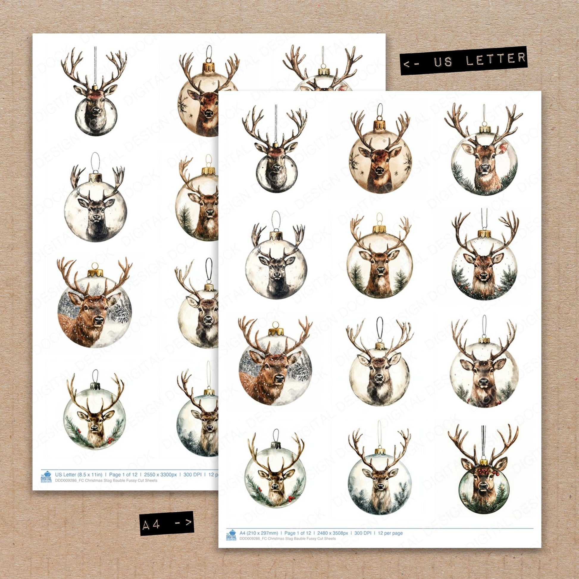 A4 and US Letter format comparison showing Christmas Stag Bauble fussy cut pages for print and cut crafting