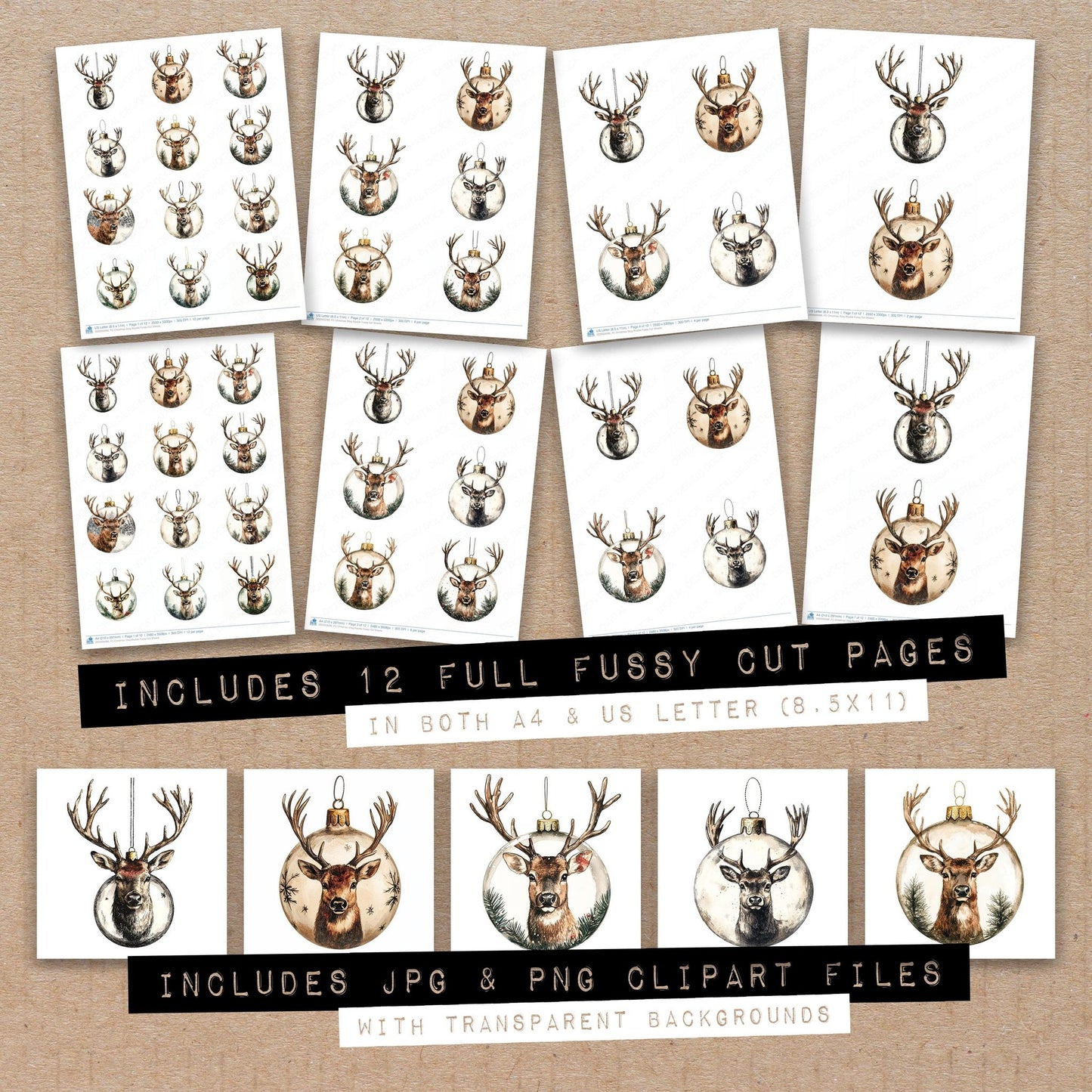 Full collection view of Christmas Stag Bauble fussy cut sheets with bonus clipart JPG and PNG files