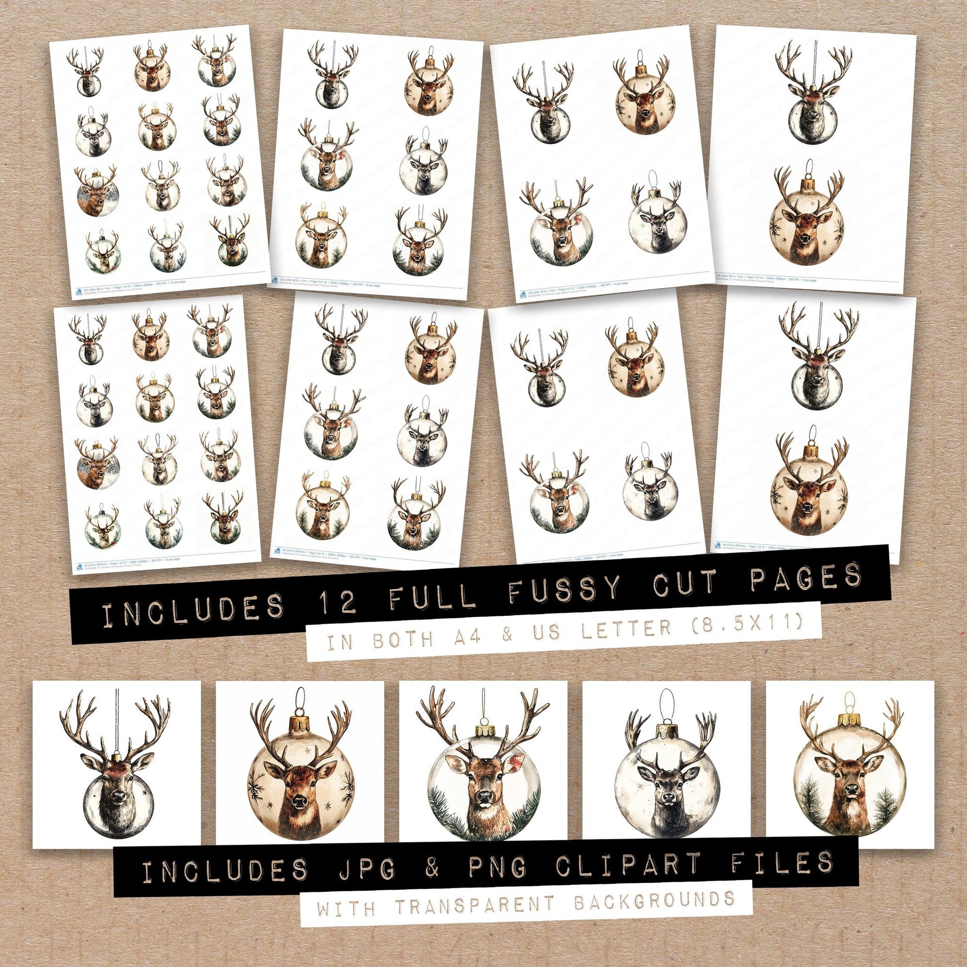 Full collection view of Christmas Stag Bauble fussy cut sheets with bonus clipart JPG and PNG files