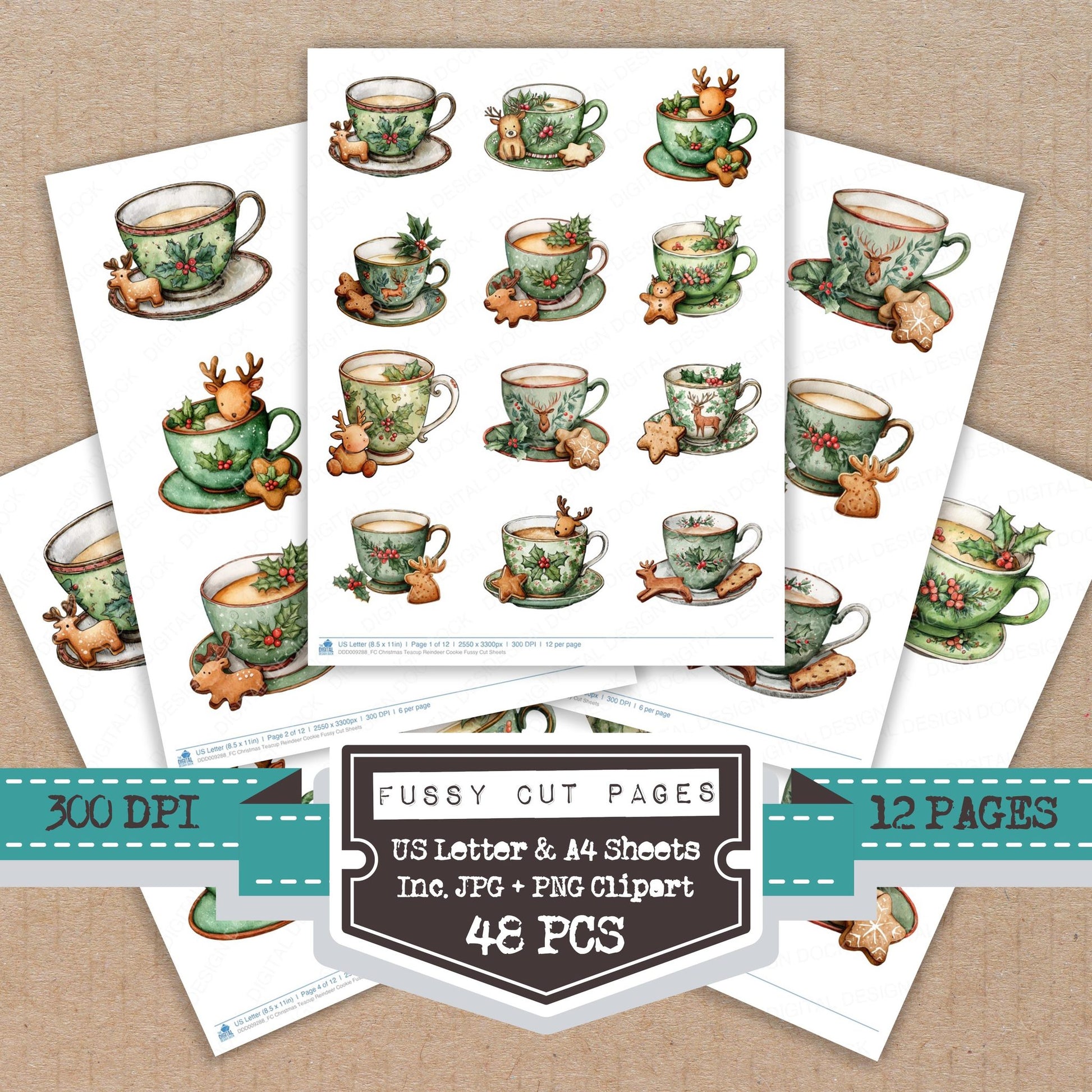 Christmas Teacup Reindeer Cookie fussy cut printable sheets for junk journaling, scrapbooking, and paper craft projects
