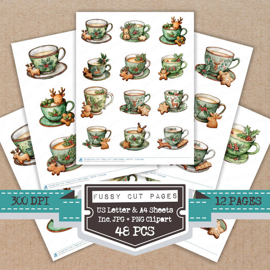 Christmas Teacup Reindeer Cookie fussy cut printable sheets for junk journaling, scrapbooking, and paper craft projects