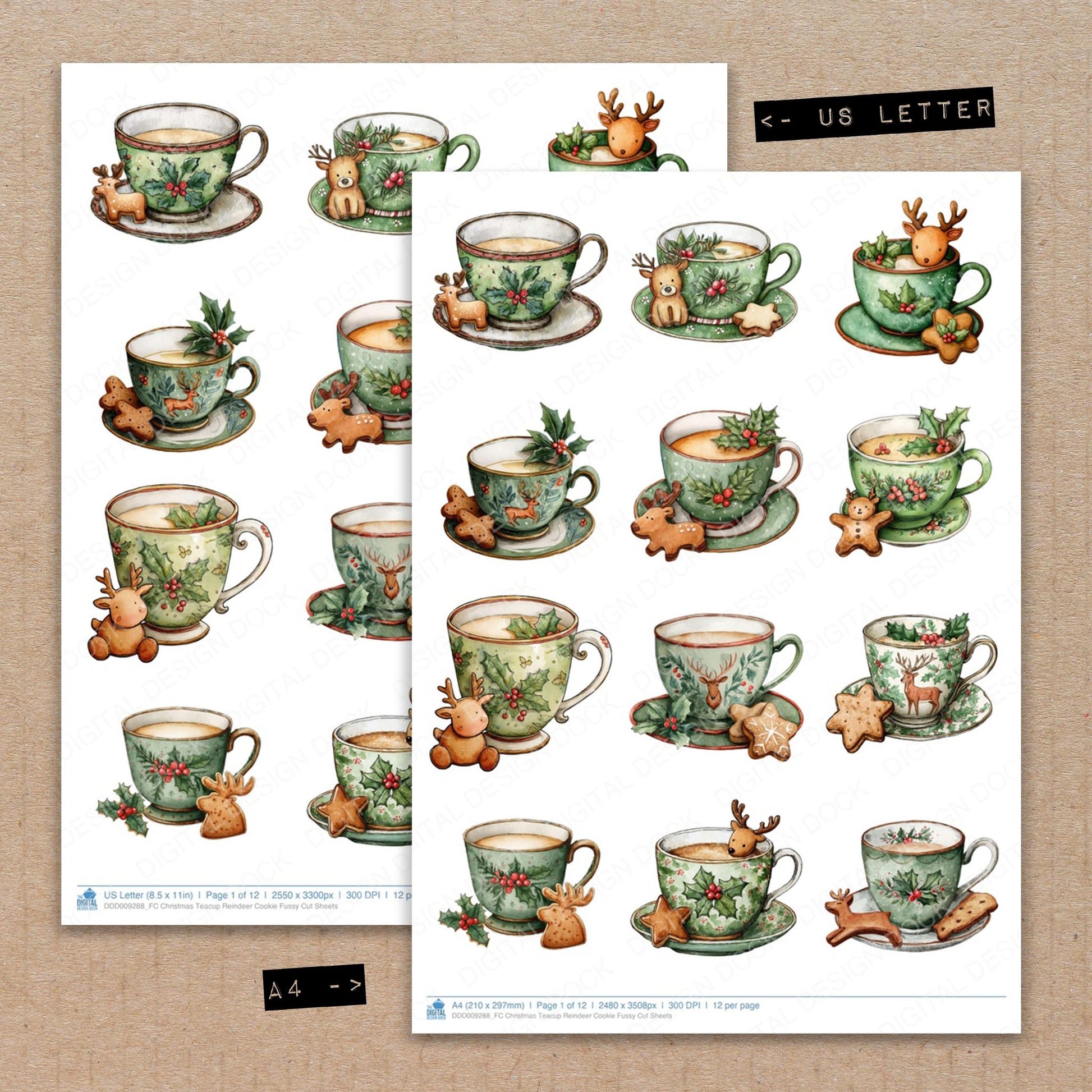 A4 and US Letter format comparison showing Christmas Teacup Reindeer Cookie fussy cut pages for print and cut crafting