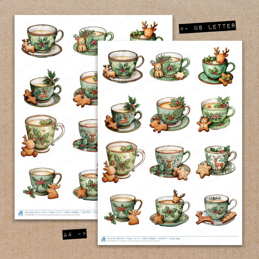 A4 and US Letter format comparison showing Christmas Teacup Reindeer Cookie fussy cut pages for print and cut crafting