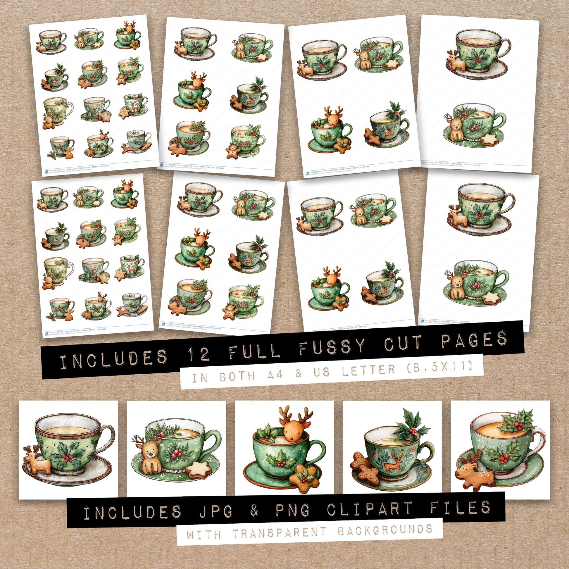 Full collection view of Christmas Teacup Reindeer Cookie fussy cut sheets with bonus clipart JPG and PNG files