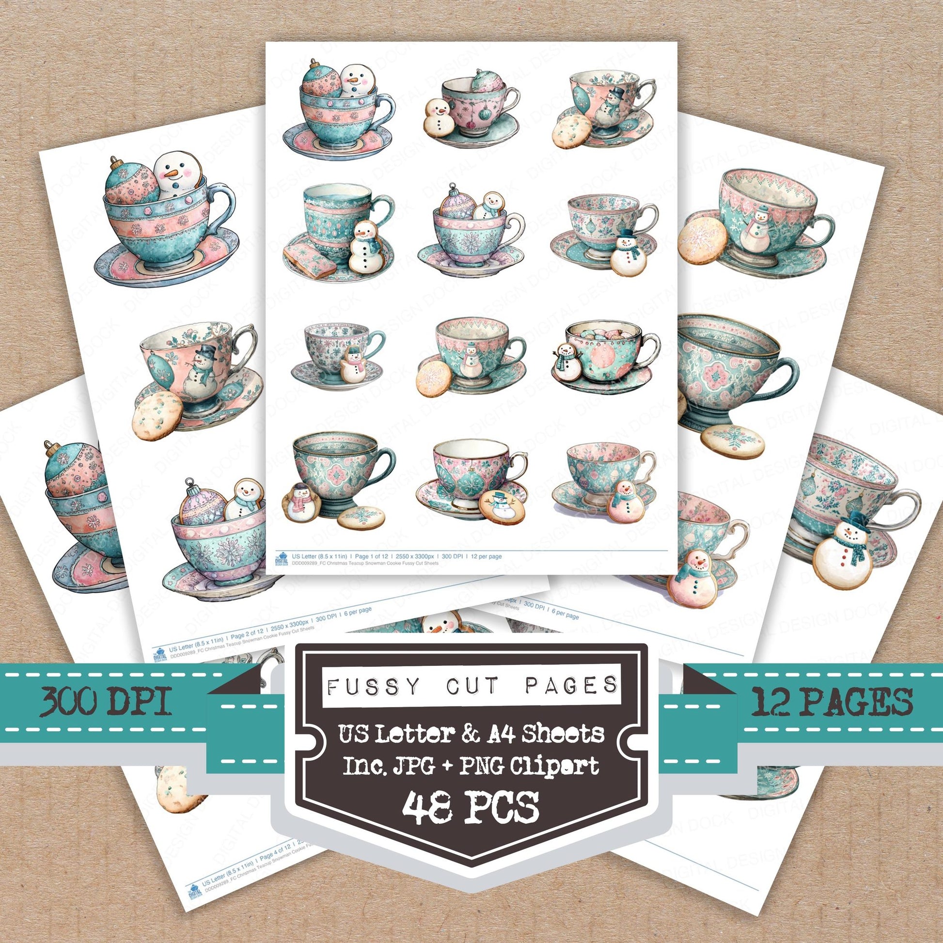 Christmas Teacup Snowman Cookie fussy cut printable sheets for junk journaling, scrapbooking, and paper craft projects