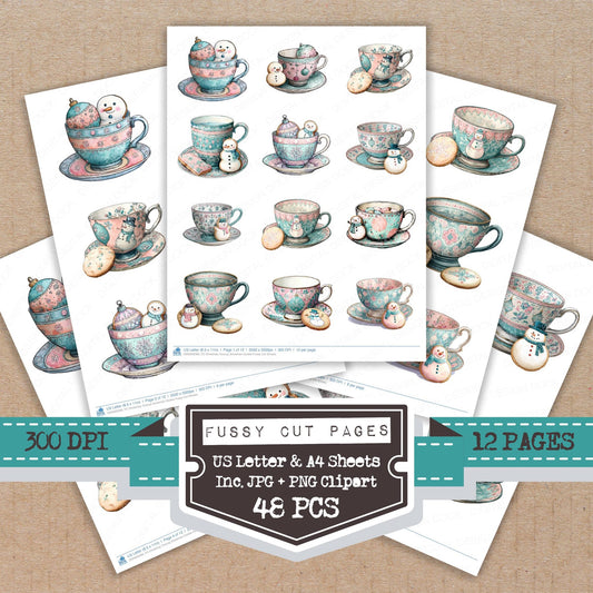Christmas Teacup Snowman Cookie fussy cut printable sheets for junk journaling, scrapbooking, and paper craft projects