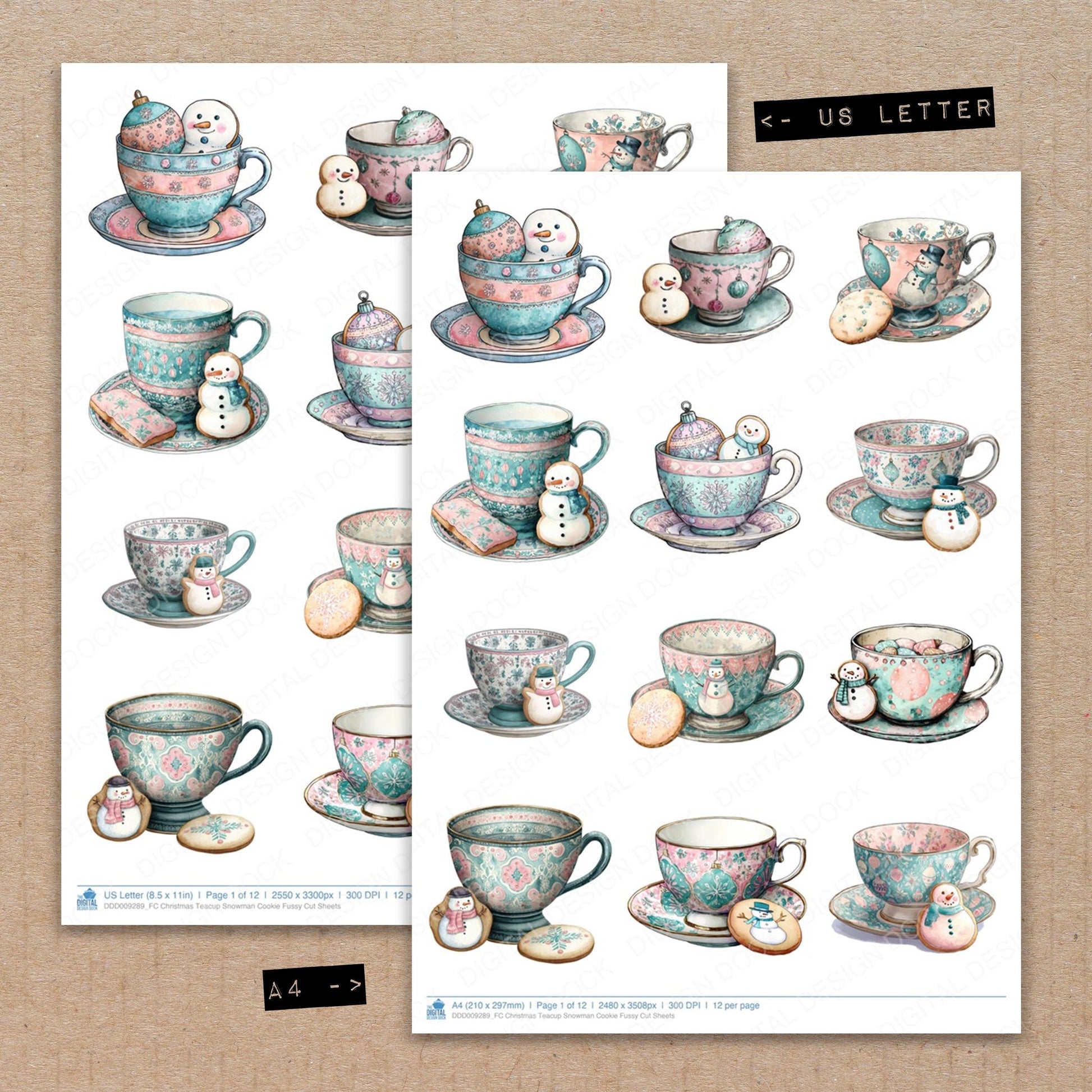 A4 and US Letter format comparison showing Christmas Teacup Snowman Cookie fussy cut pages for print and cut crafting