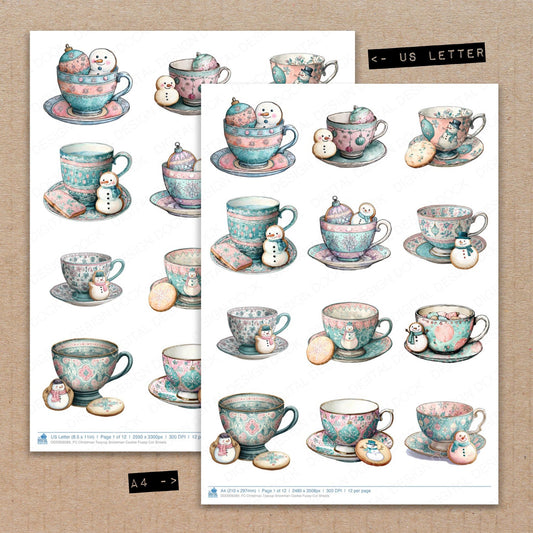 A4 and US Letter format comparison showing Christmas Teacup Snowman Cookie fussy cut pages for print and cut crafting