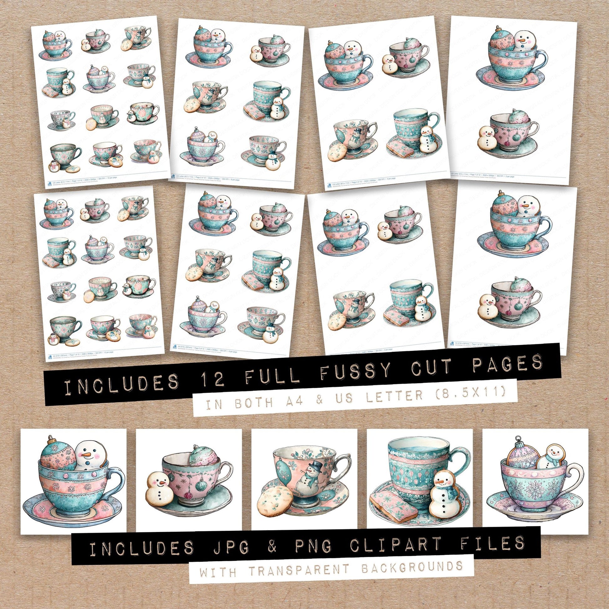 Full collection view of Christmas Teacup Snowman Cookie fussy cut sheets with bonus clipart JPG and PNG files