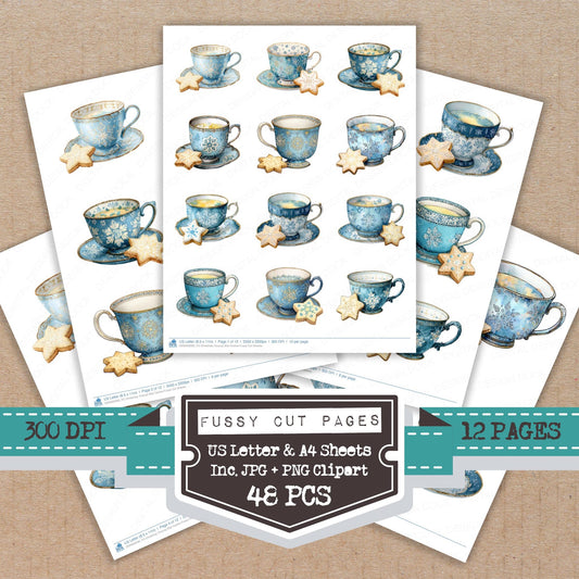 Christmas Teacup Star Cookie fussy cut printable sheets for junk journaling, scrapbooking, and paper craft projects