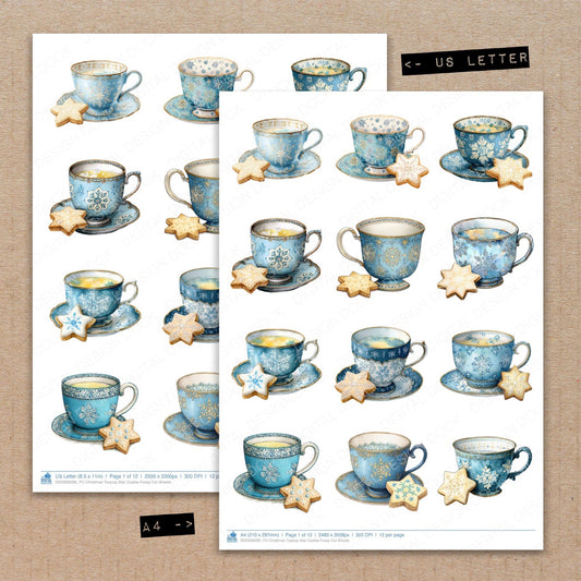 A4 and US Letter format comparison showing Christmas Teacup Star Cookie fussy cut pages for print and cut crafting
