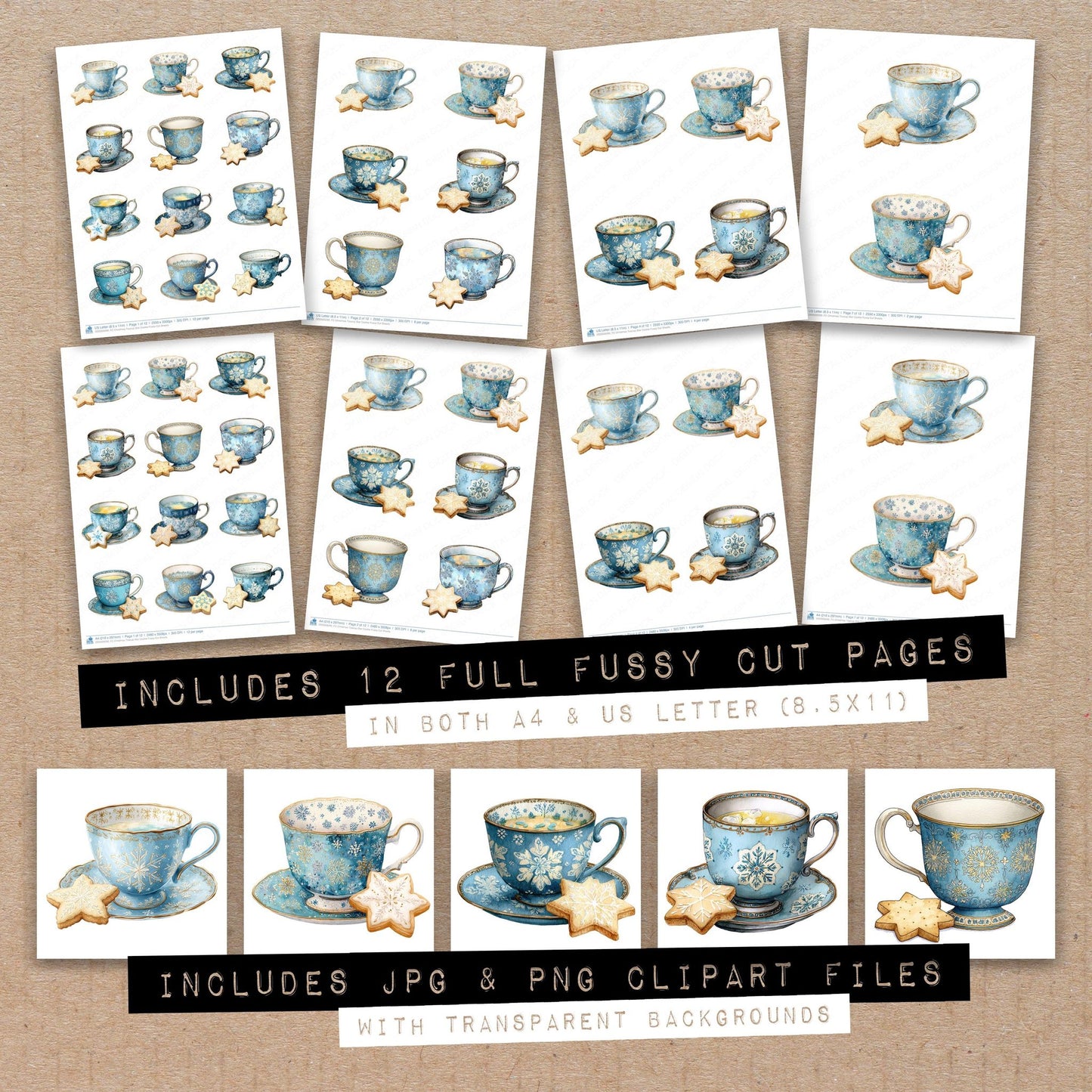 Full collection view of Christmas Teacup Star Cookie fussy cut sheets with bonus clipart JPG and PNG files