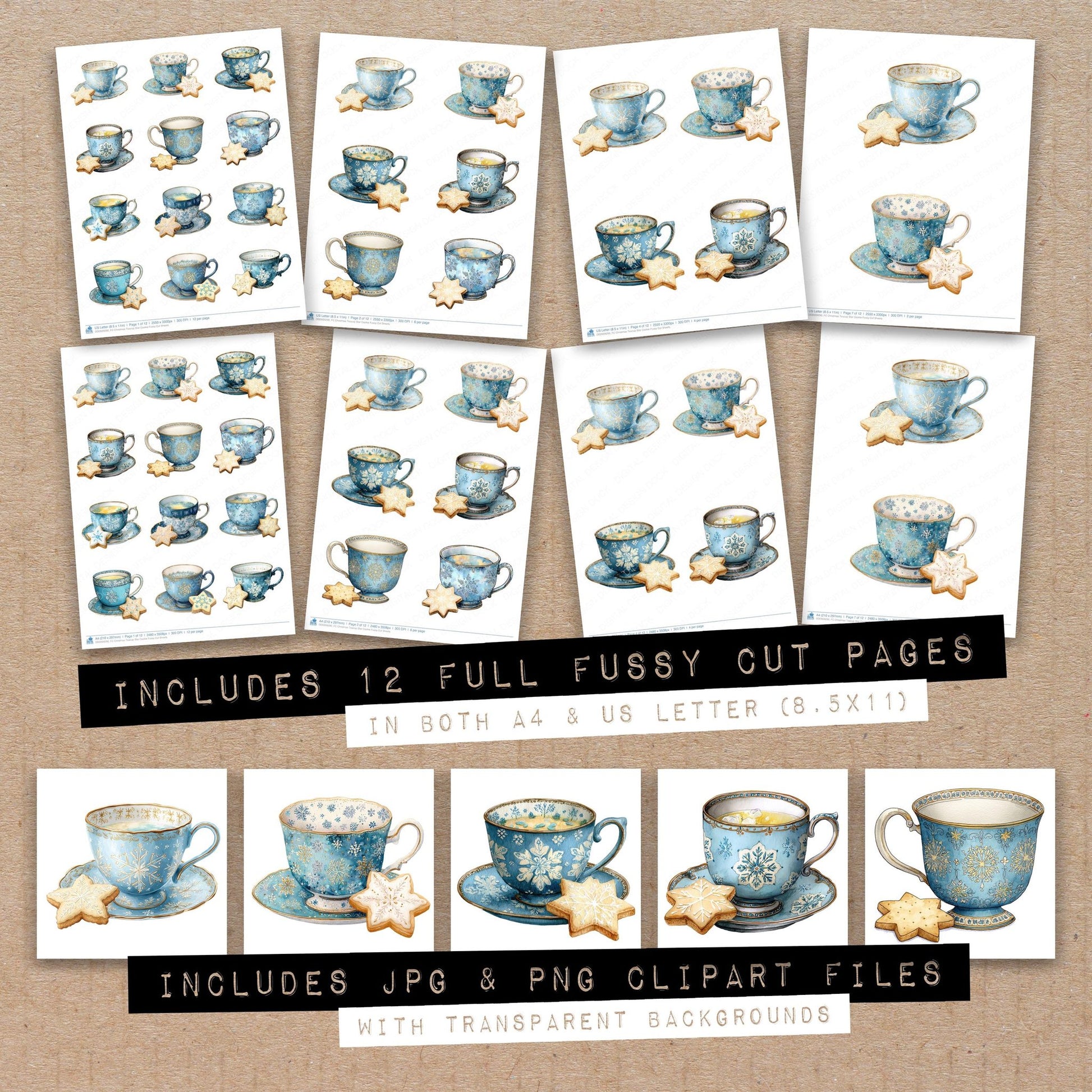 Full collection view of Christmas Teacup Star Cookie fussy cut sheets with bonus clipart JPG and PNG files