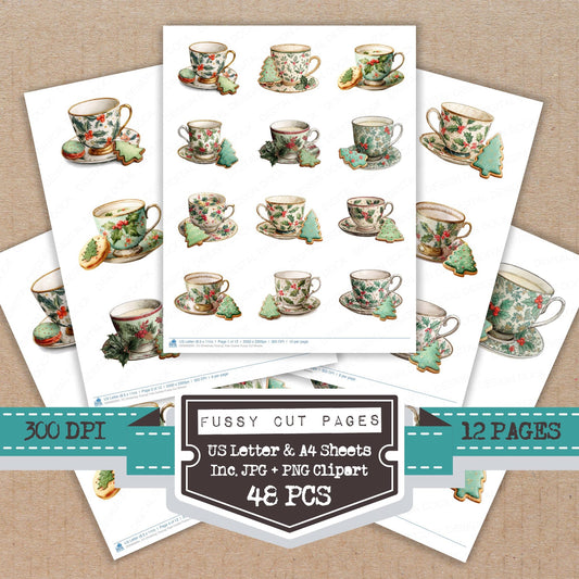 Christmas Teacup Tree Cookie fussy cut printable sheets for junk journaling, scrapbooking, and paper craft projects