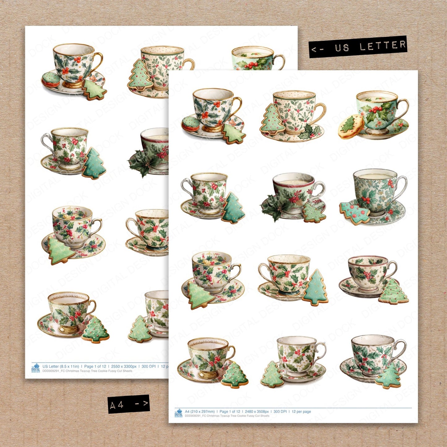 A4 and US Letter format comparison showing Christmas Teacup Tree Cookie fussy cut pages for print and cut crafting