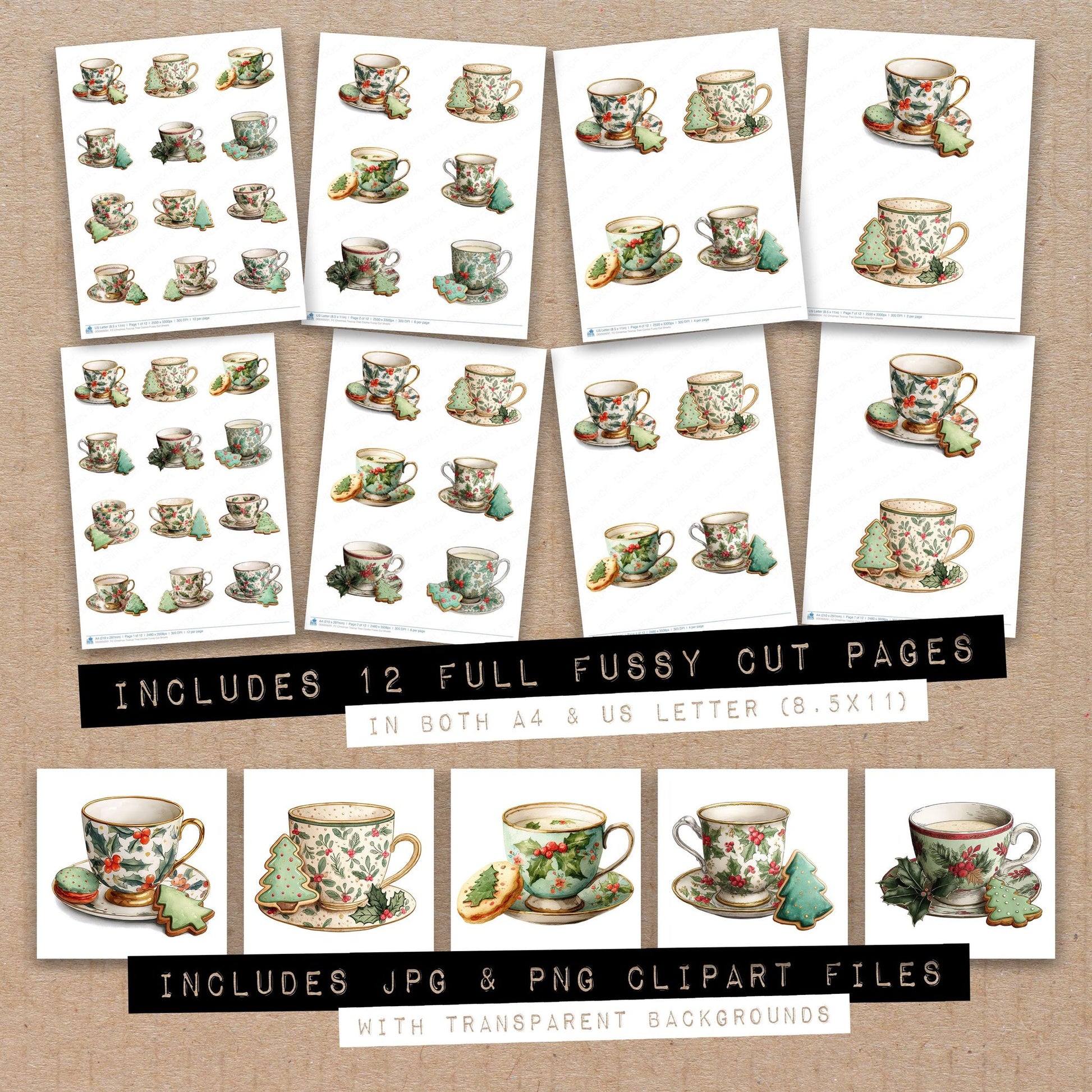 Full collection view of Christmas Teacup Tree Cookie fussy cut sheets with bonus clipart JPG and PNG files