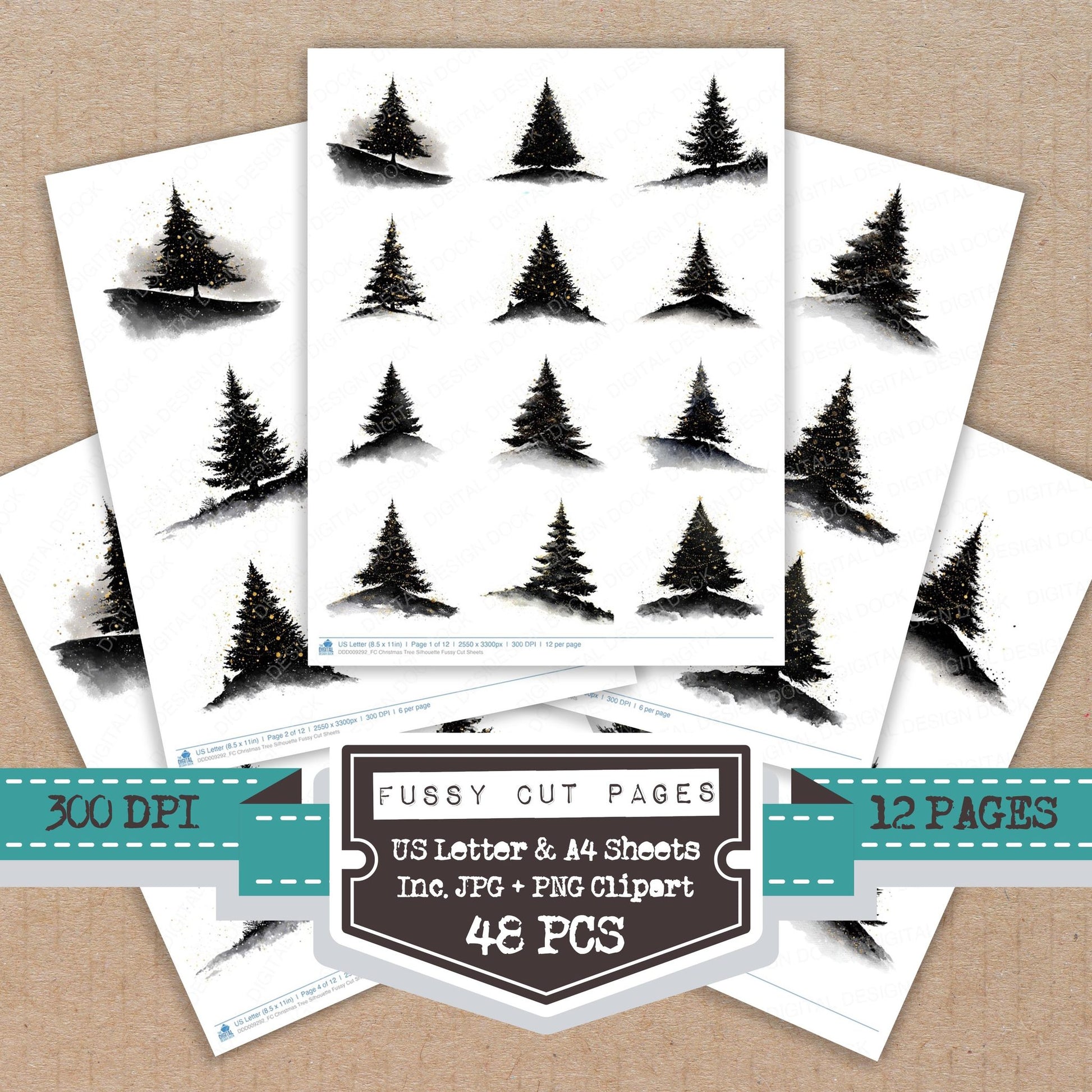 Christmas Tree Silhouette fussy cut printable sheets for junk journaling, scrapbooking, and paper craft projects