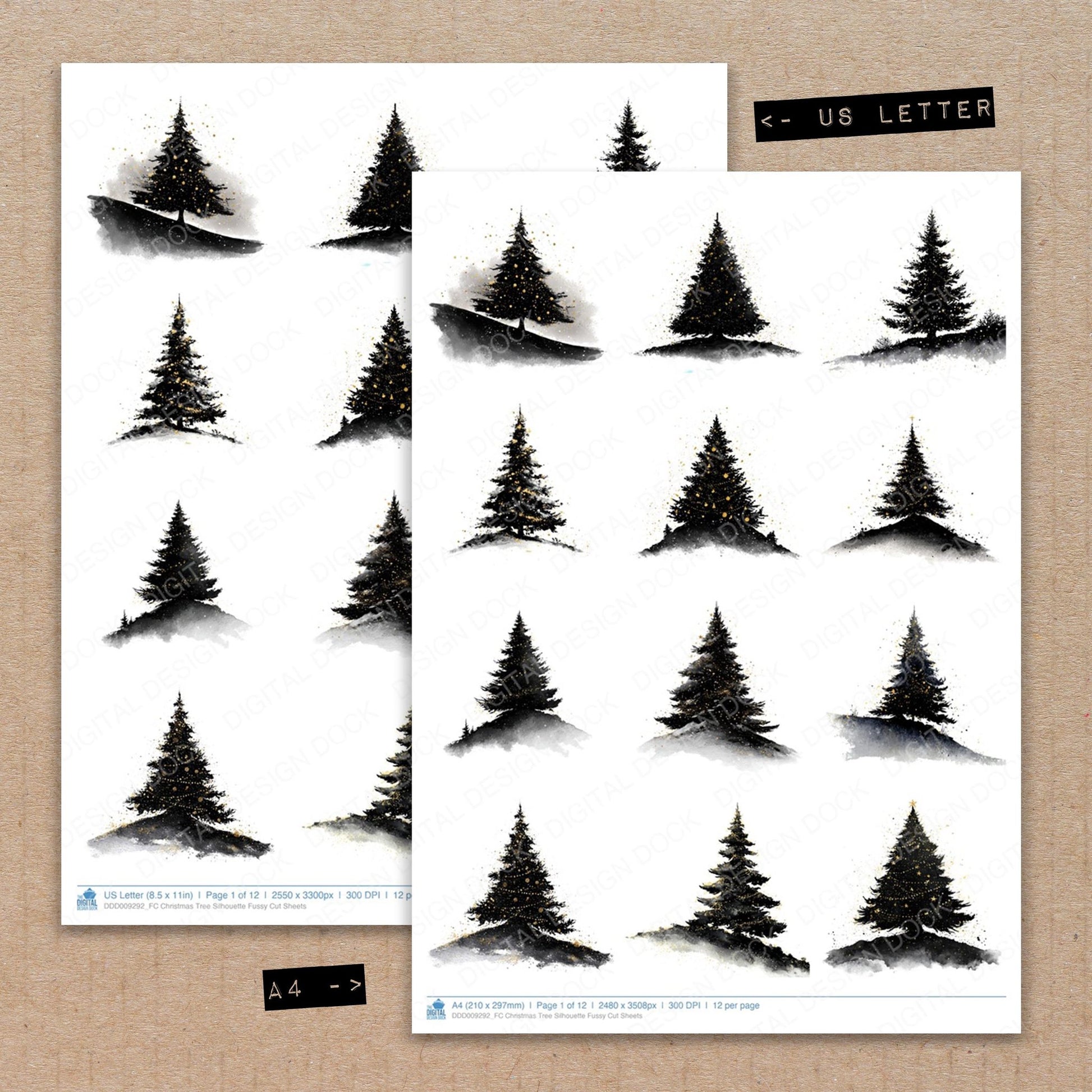 A4 and US Letter format comparison showing Christmas Tree Silhouette fussy cut pages for print and cut crafting