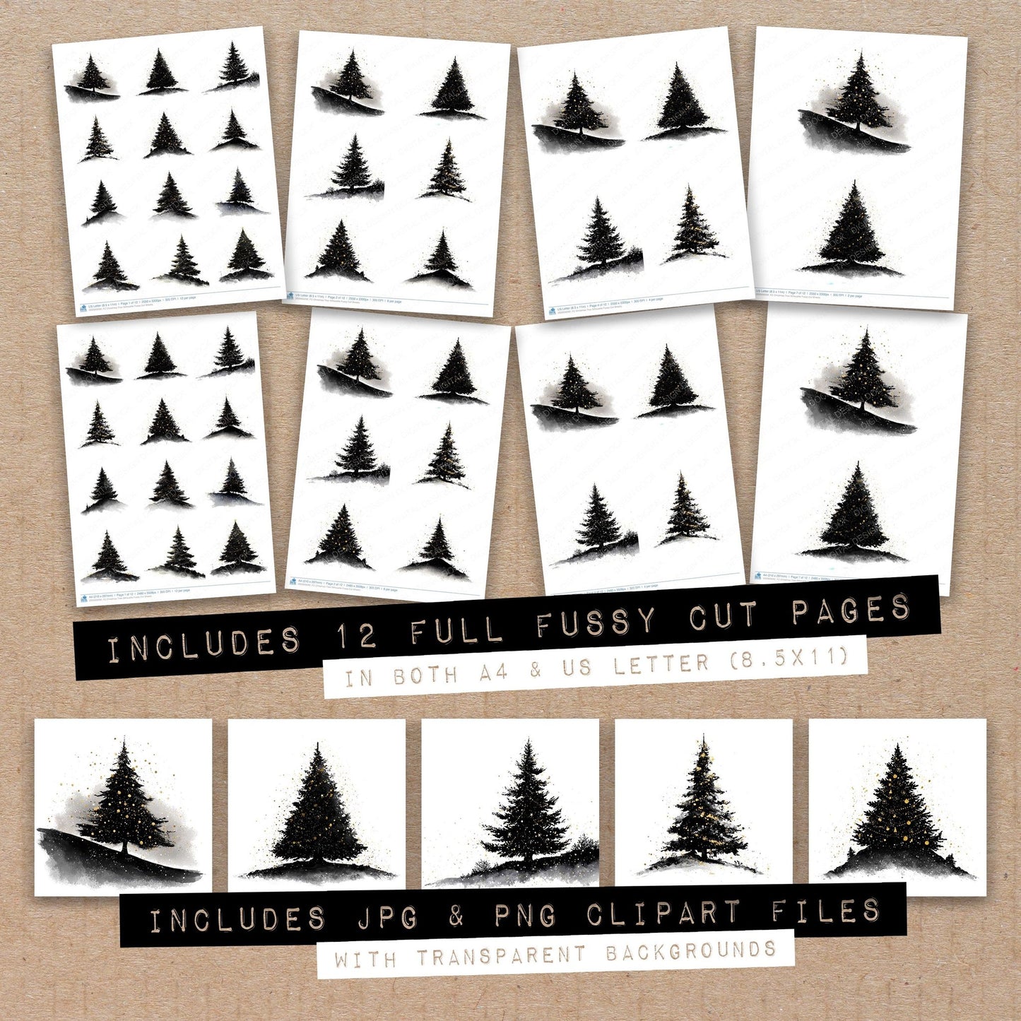 Full collection view of Christmas Tree Silhouette fussy cut sheets with bonus clipart JPG and PNG files