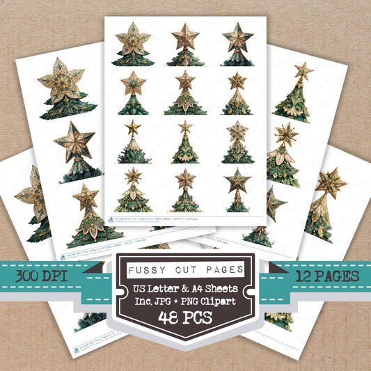 Christmas Tree Star fussy cut printable sheets for junk journaling, scrapbooking, and paper craft projects