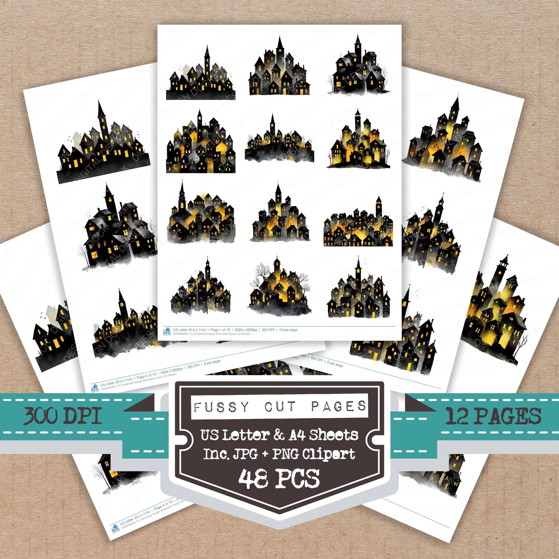 Christmas Village Silhouette fussy cut printable sheets for junk journaling, scrapbooking, and paper craft projects
