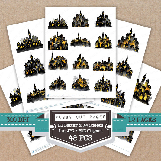 Christmas Village Silhouette fussy cut printable sheets for junk journaling, scrapbooking, and paper craft projects