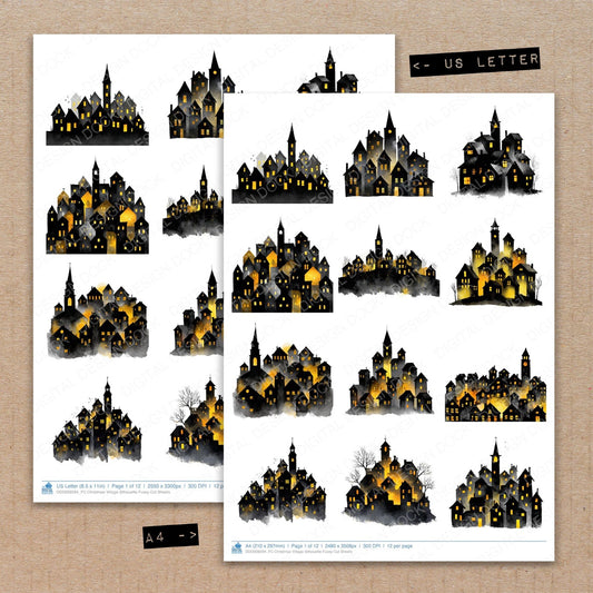 A4 and US Letter format comparison showing Christmas Village Silhouette fussy cut pages for print and cut crafting