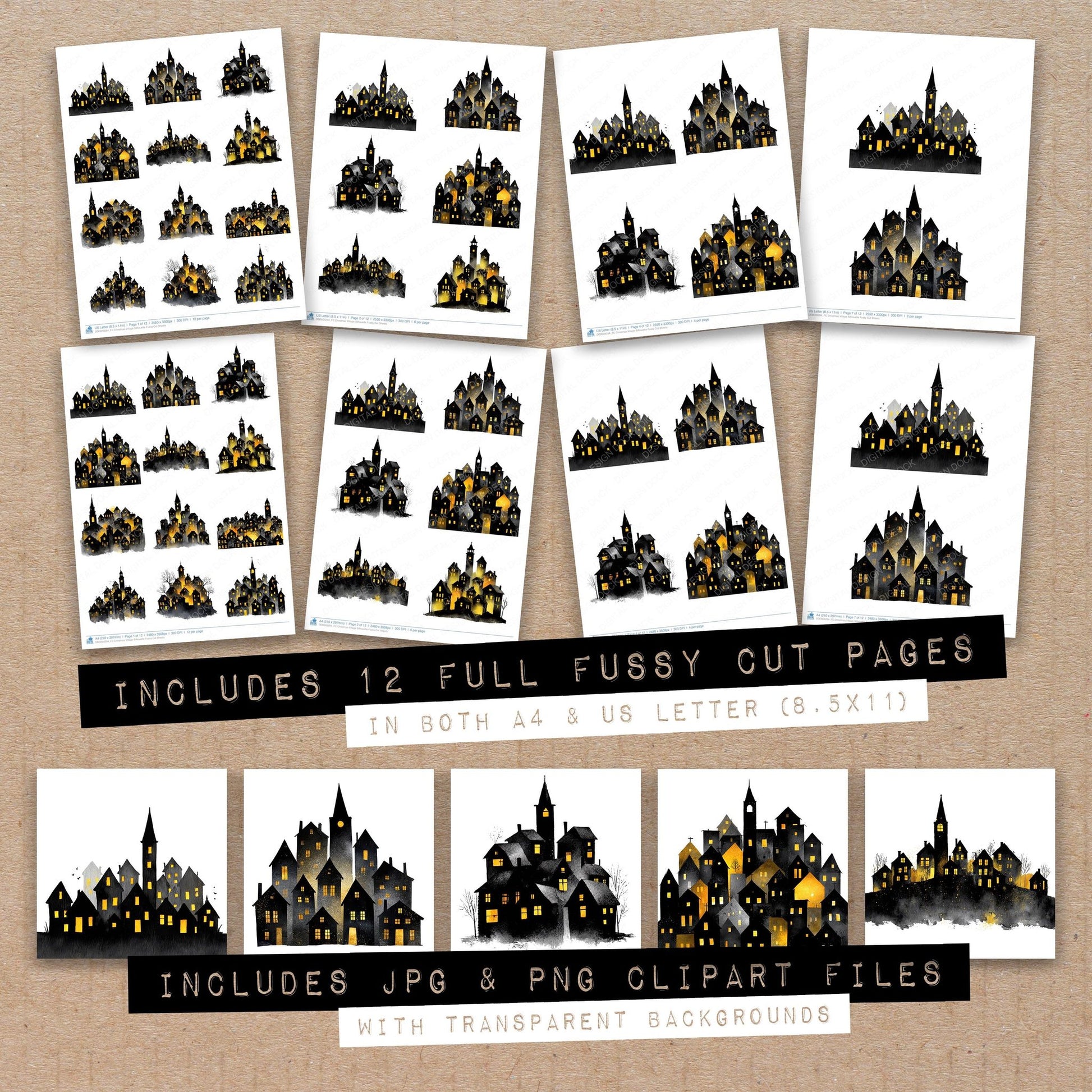 Full collection view of Christmas Village Silhouette fussy cut sheets with bonus clipart JPG and PNG files