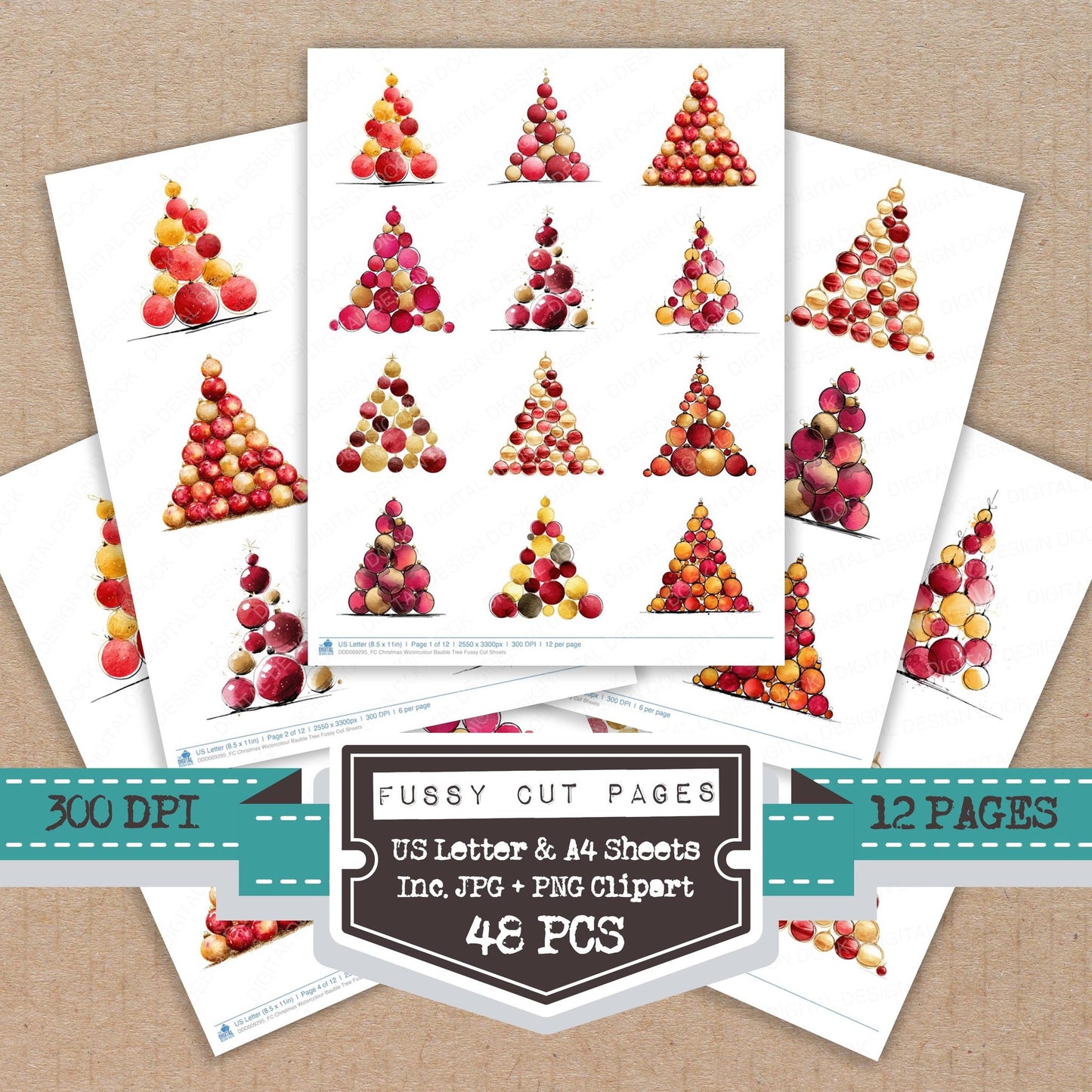 Christmas Watercolour Bauble Tree fussy cut printable sheets for junk journaling, scrapbooking, and paper craft projects