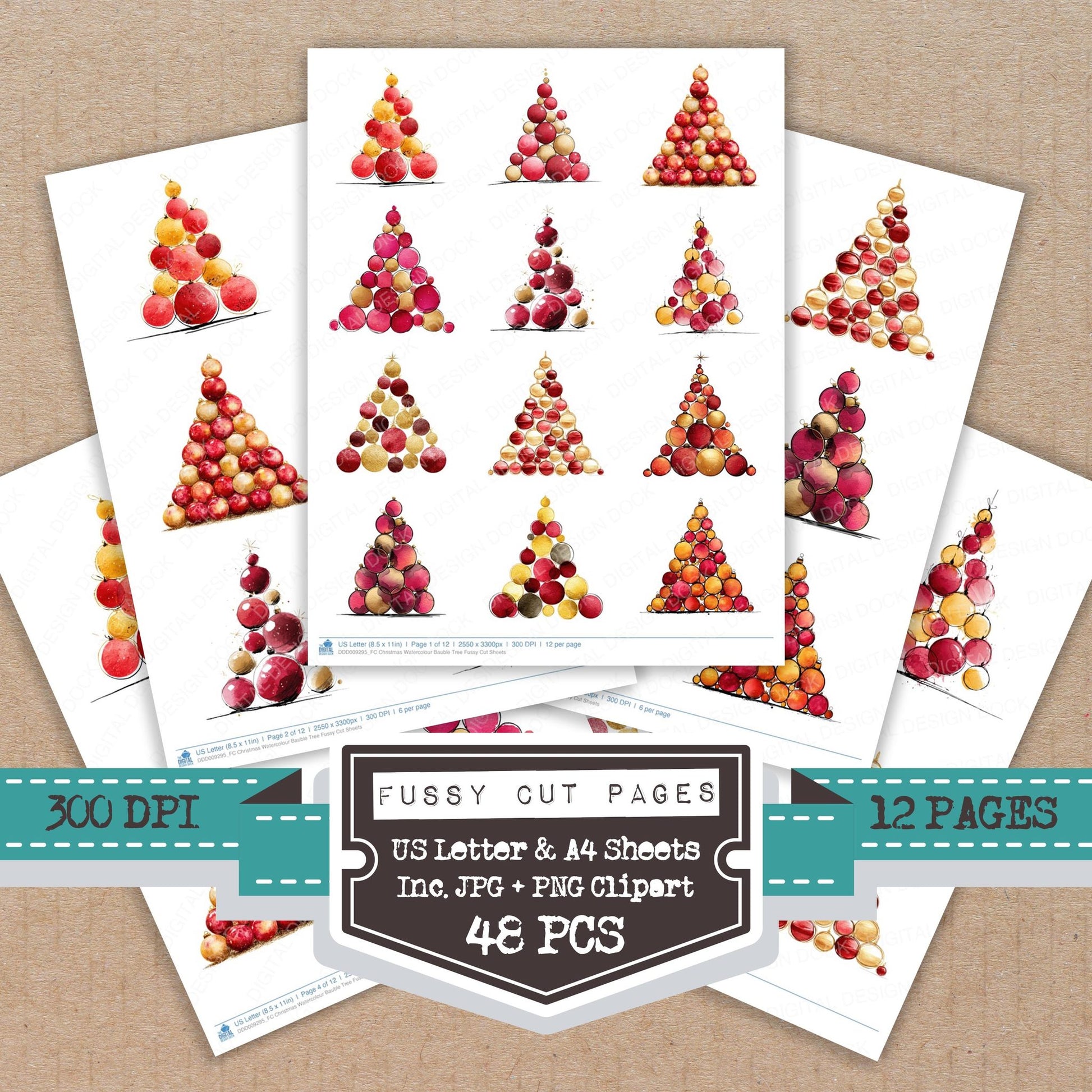 Christmas Watercolour Bauble Tree fussy cut printable sheets for junk journaling, scrapbooking, and paper craft projects