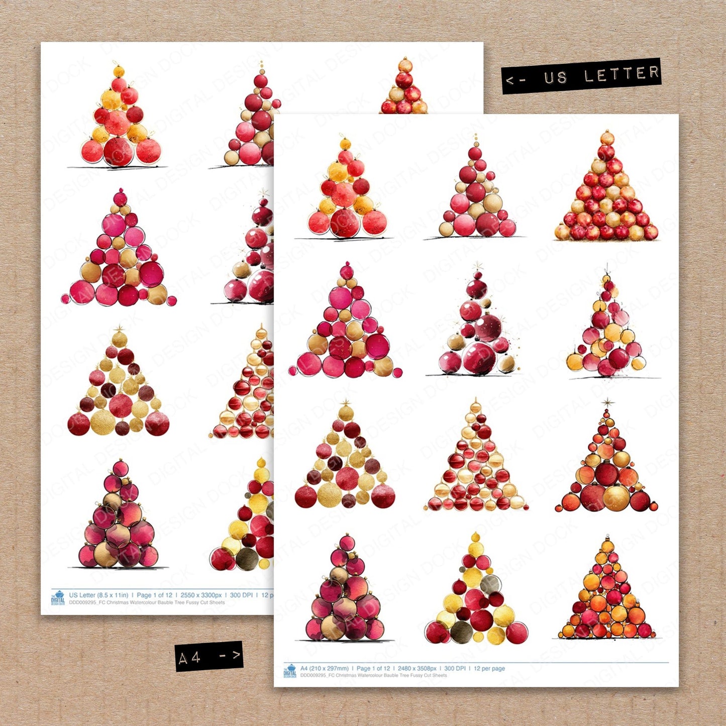 A4 and US Letter format comparison showing Christmas Watercolour Bauble Tree fussy cut pages for print and cut crafting