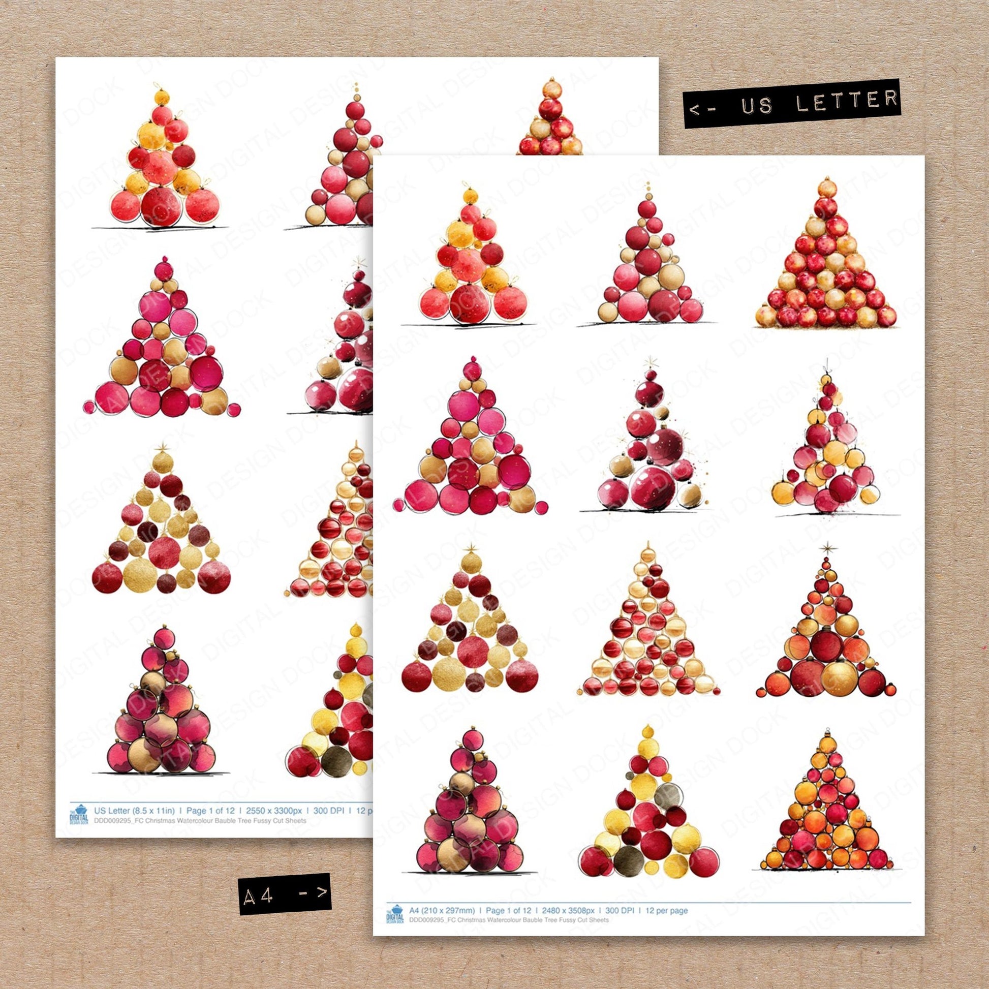 A4 and US Letter format comparison showing Christmas Watercolour Bauble Tree fussy cut pages for print and cut crafting