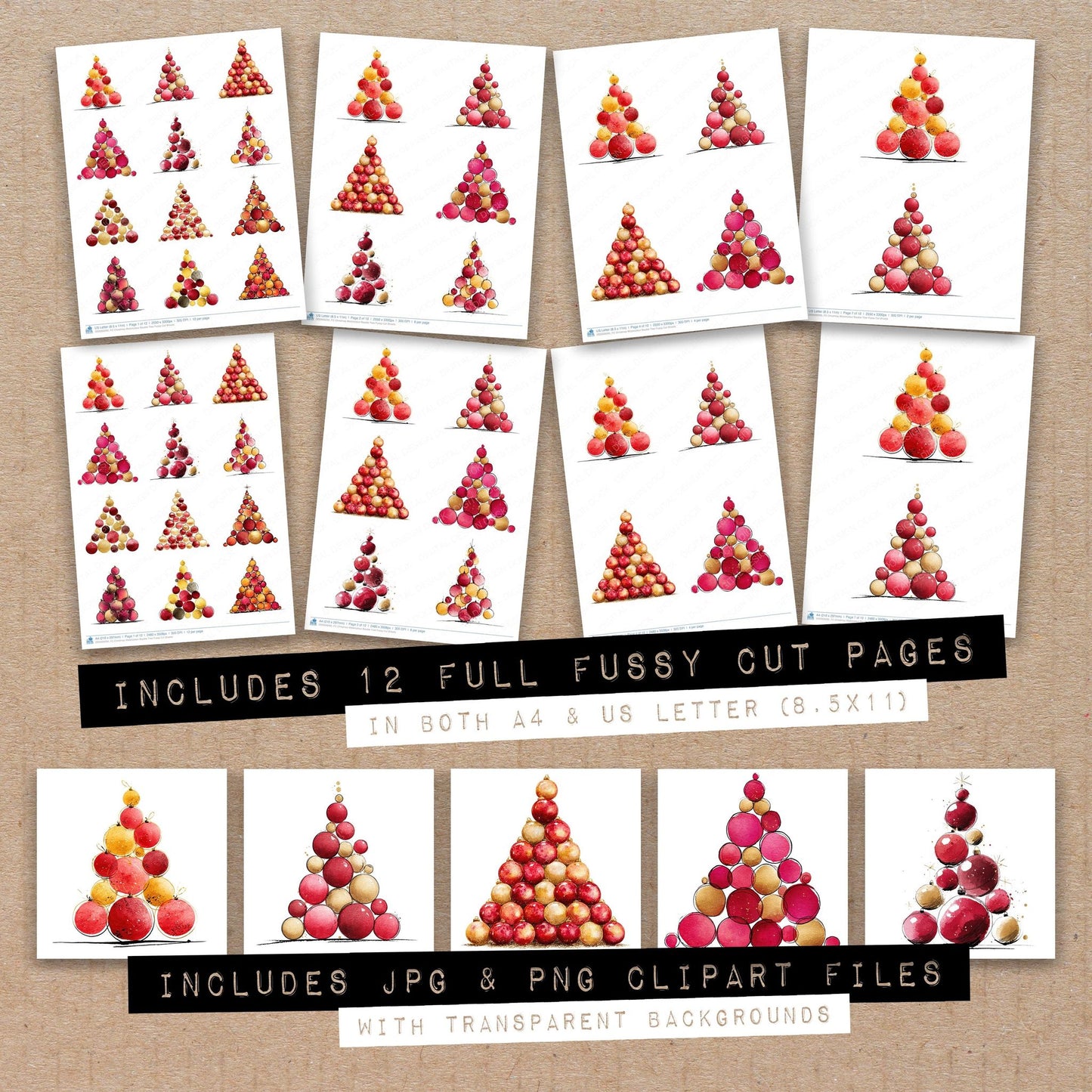 Full collection view of Christmas Watercolour Bauble Tree fussy cut sheets with bonus clipart JPG and PNG files