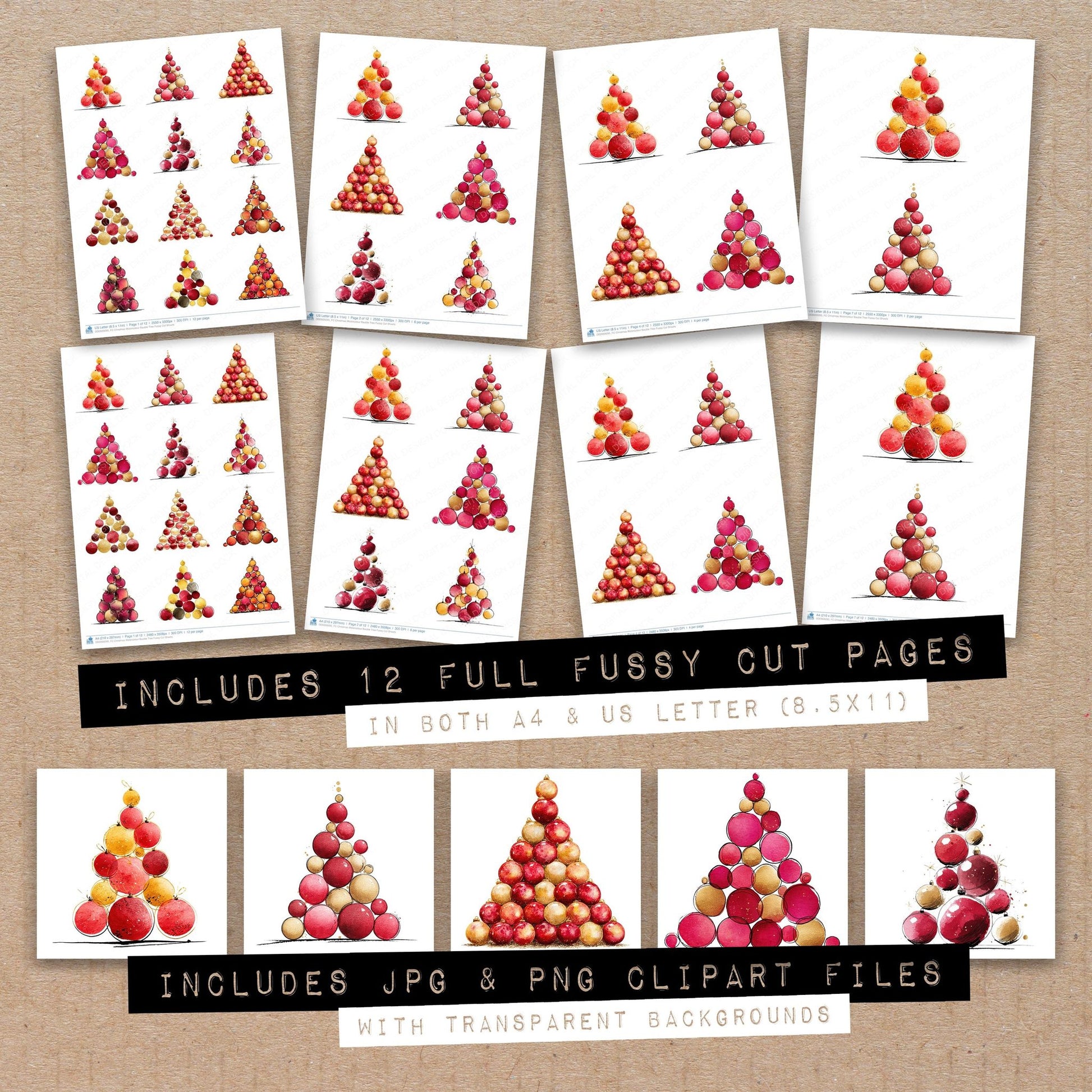Full collection view of Christmas Watercolour Bauble Tree fussy cut sheets with bonus clipart JPG and PNG files
