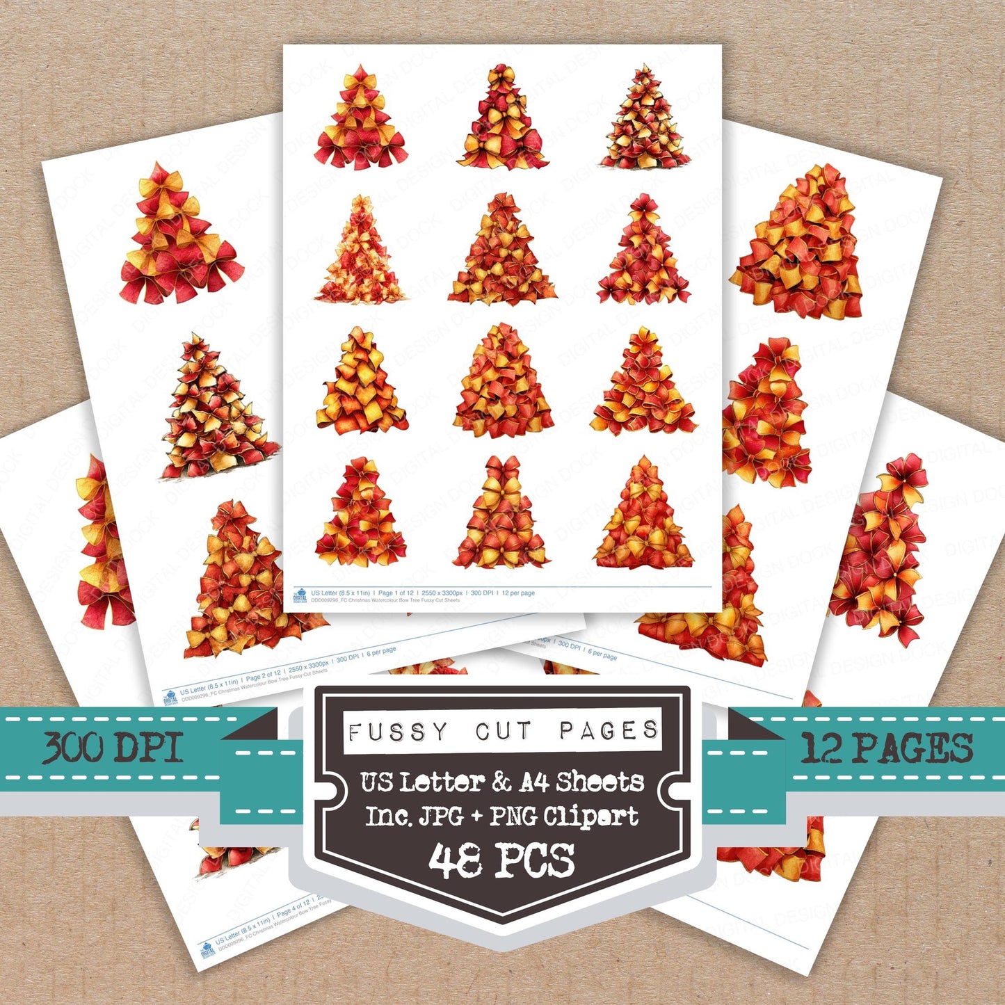 Christmas Watercolour Bow Tree fussy cut printable sheets for junk journaling, scrapbooking, and paper craft projects